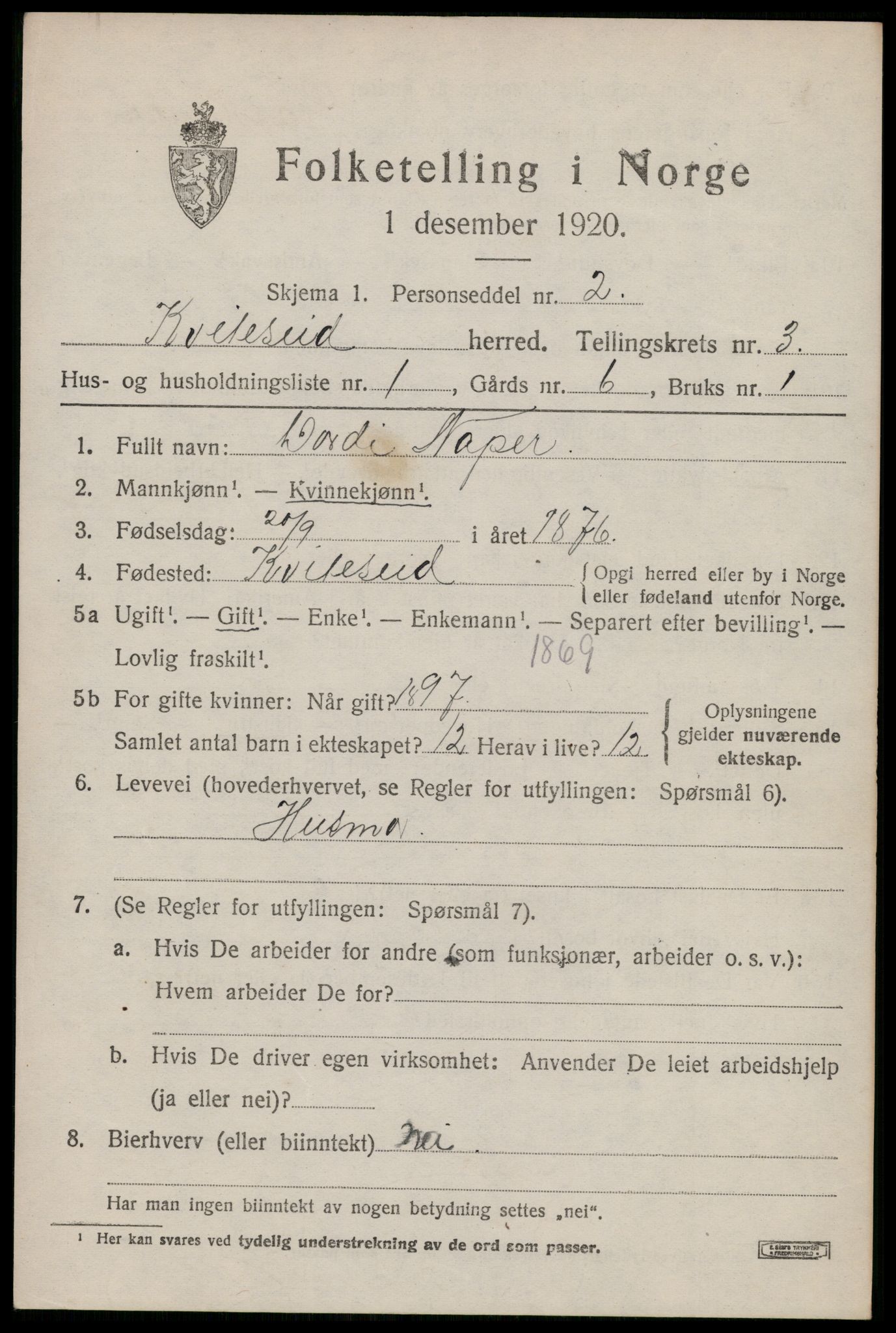 SAKO, 1920 census for Kviteseid, 1920, p. 2391