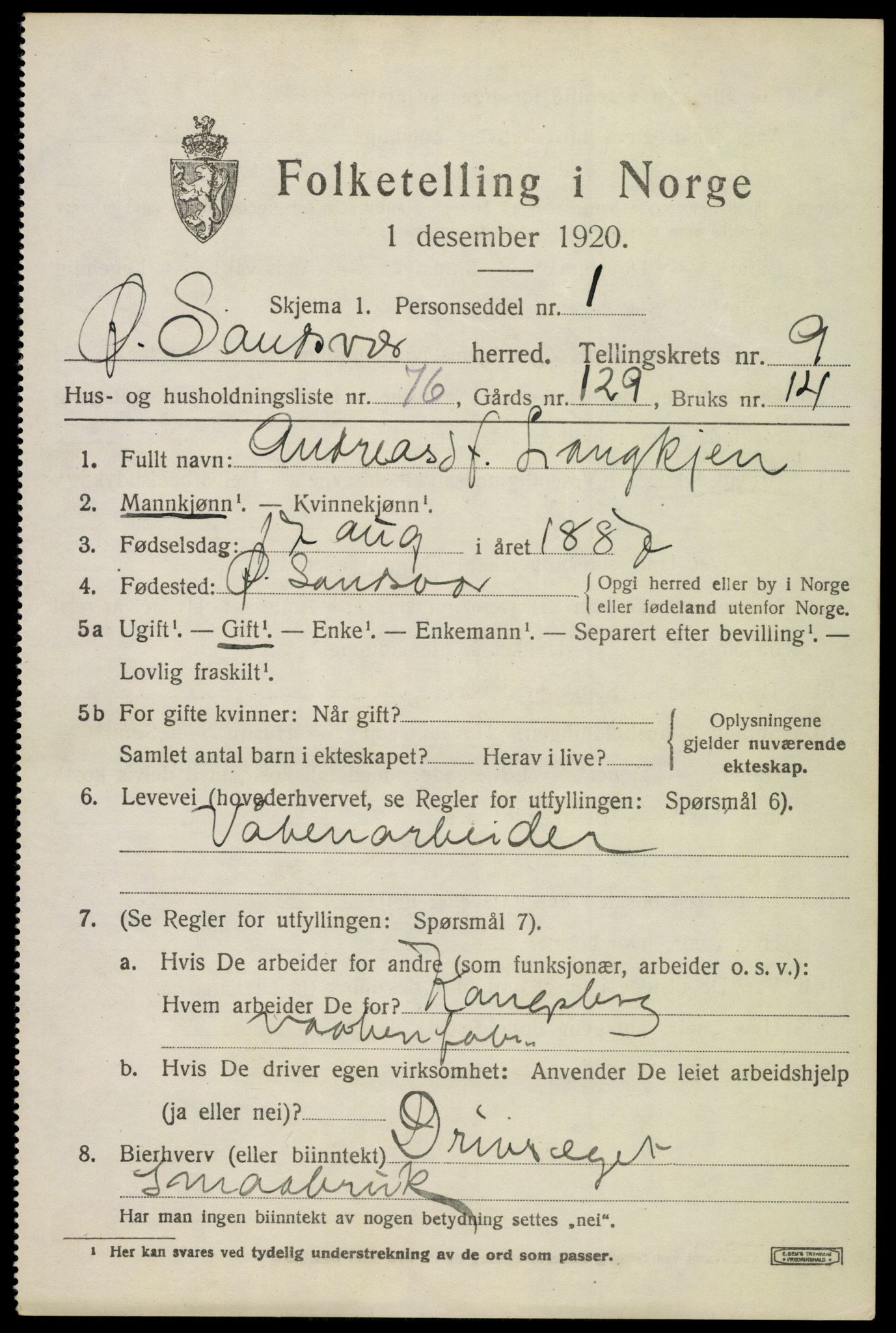 SAKO, 1920 census for Øvre Sandsvær, 1920, p. 5572