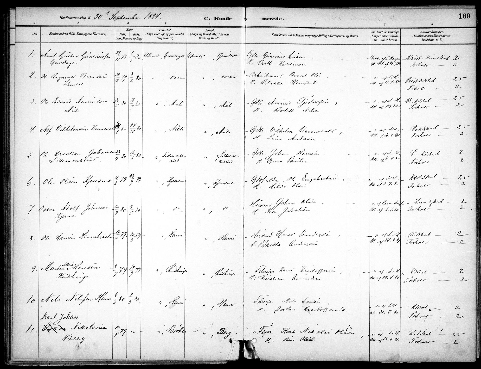 Nes prestekontor Kirkebøker, AV/SAO-A-10410/F/Fc/L0002: Parish register (official) no. IIi 2, 1882-1916, p. 169