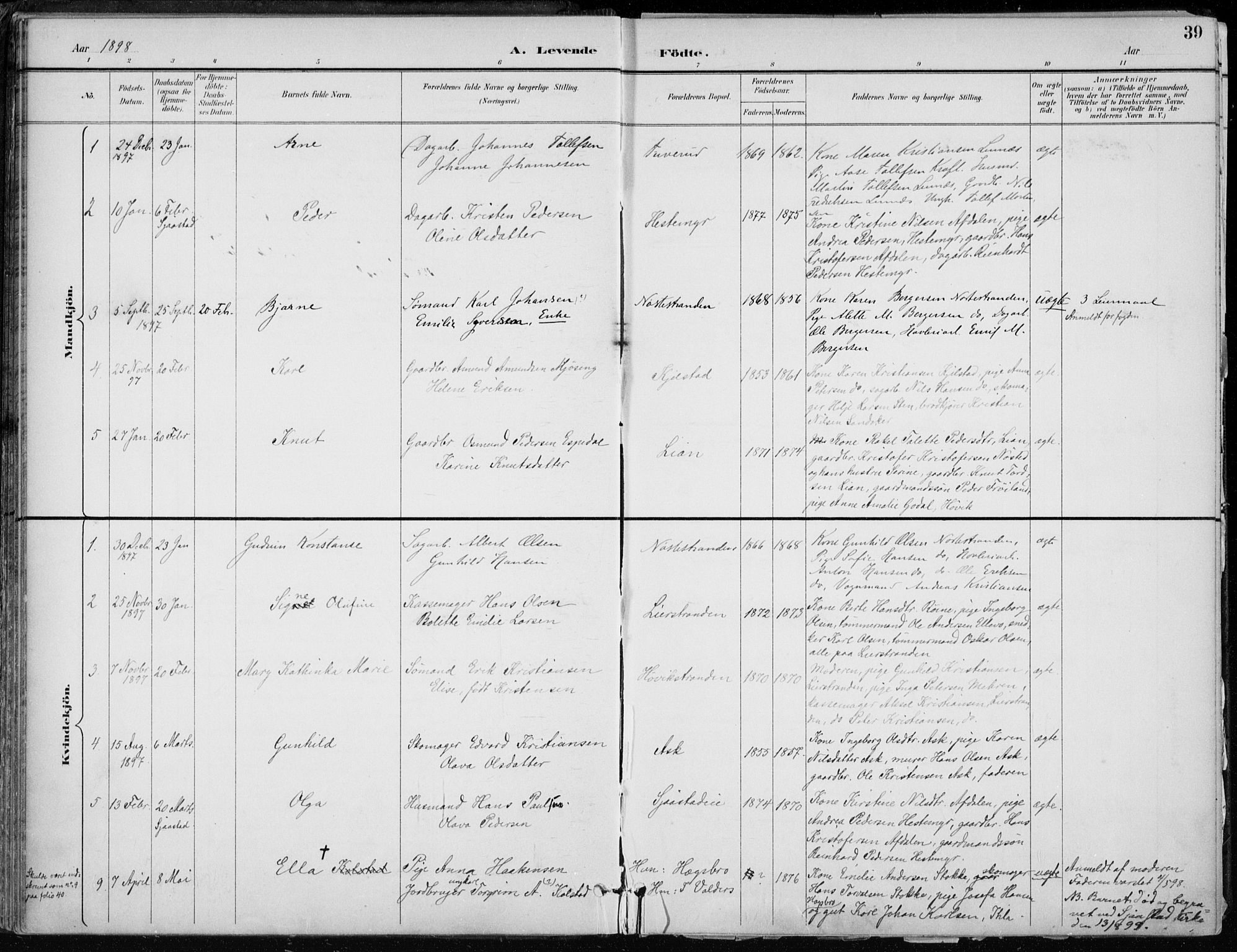 Lier kirkebøker, AV/SAKO-A-230/F/Fa/L0016: Parish register (official) no. I 16, 1895-1900, p. 39