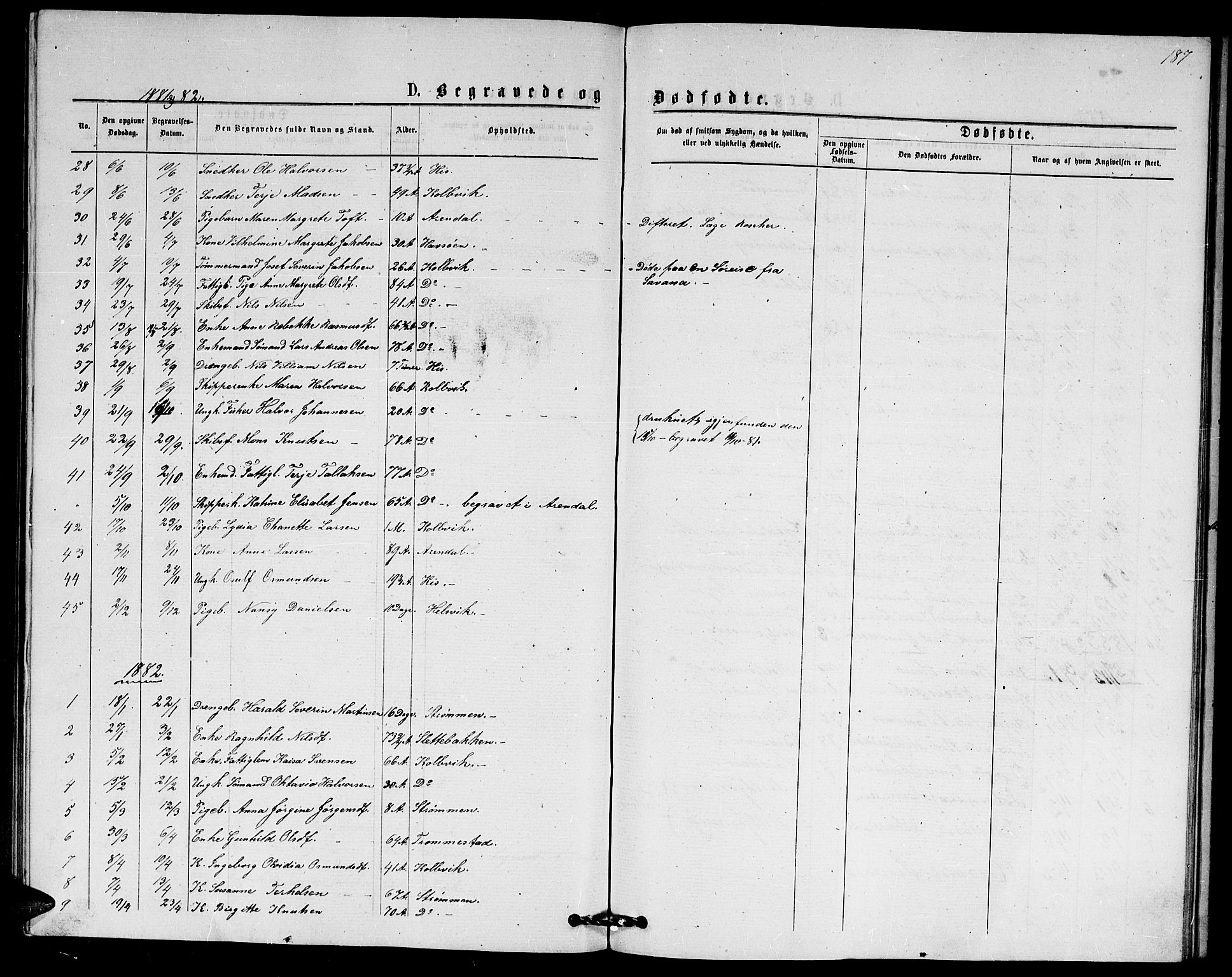 Hisøy sokneprestkontor, SAK/1111-0020/F/Fb/L0002: Parish register (copy) no. B 2, 1873-1885, p. 187