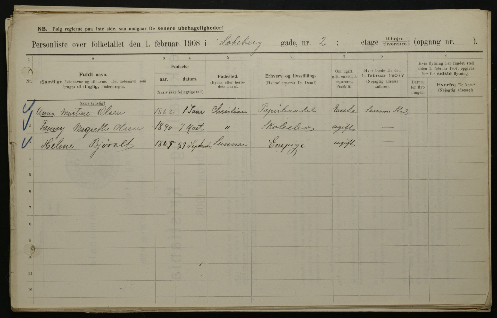 OBA, Municipal Census 1908 for Kristiania, 1908, p. 52435