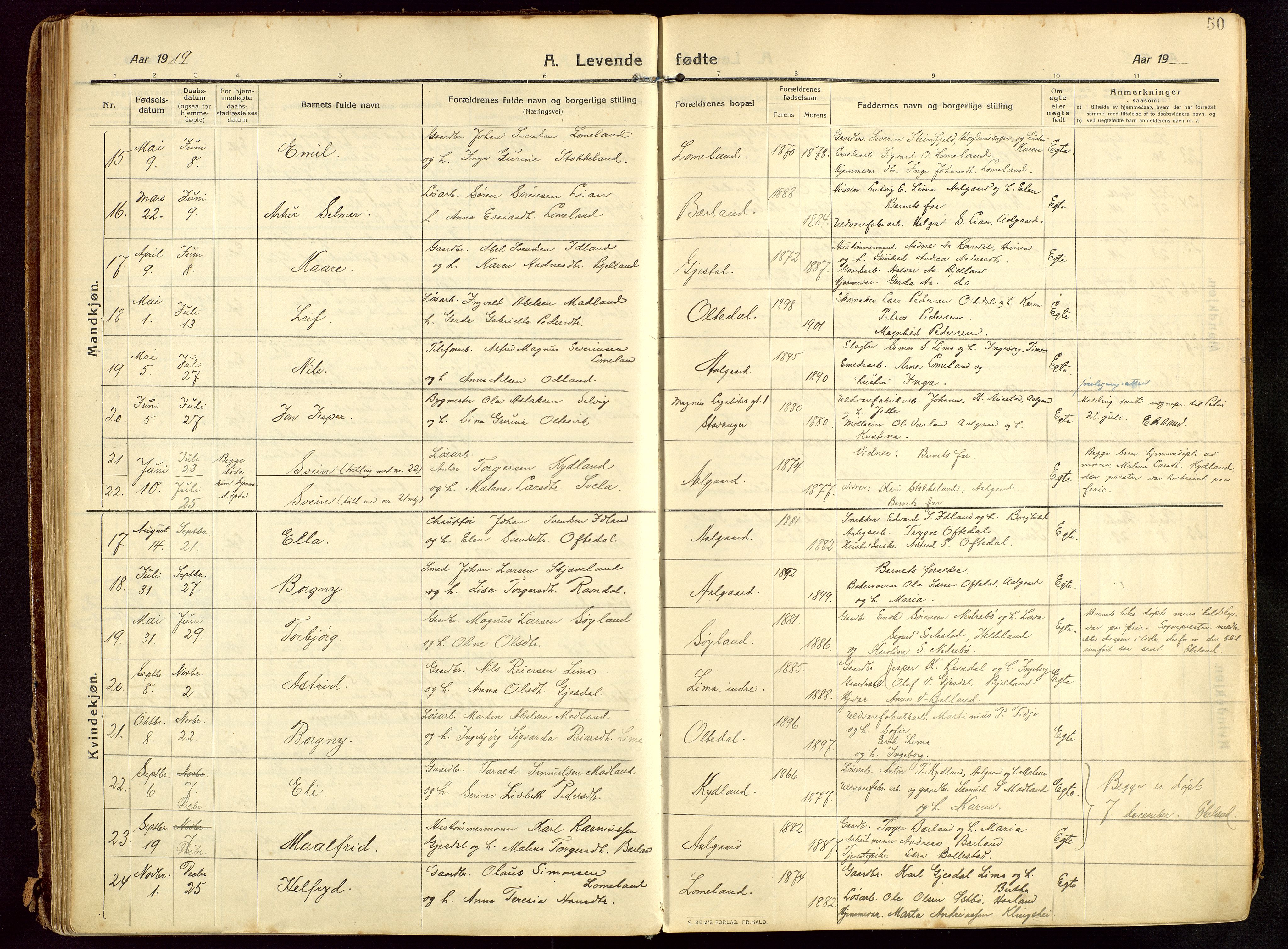 Lye sokneprestkontor, AV/SAST-A-101794/002/B/L0001: Parish register (official) no. A 13, 1910-1925, p. 50
