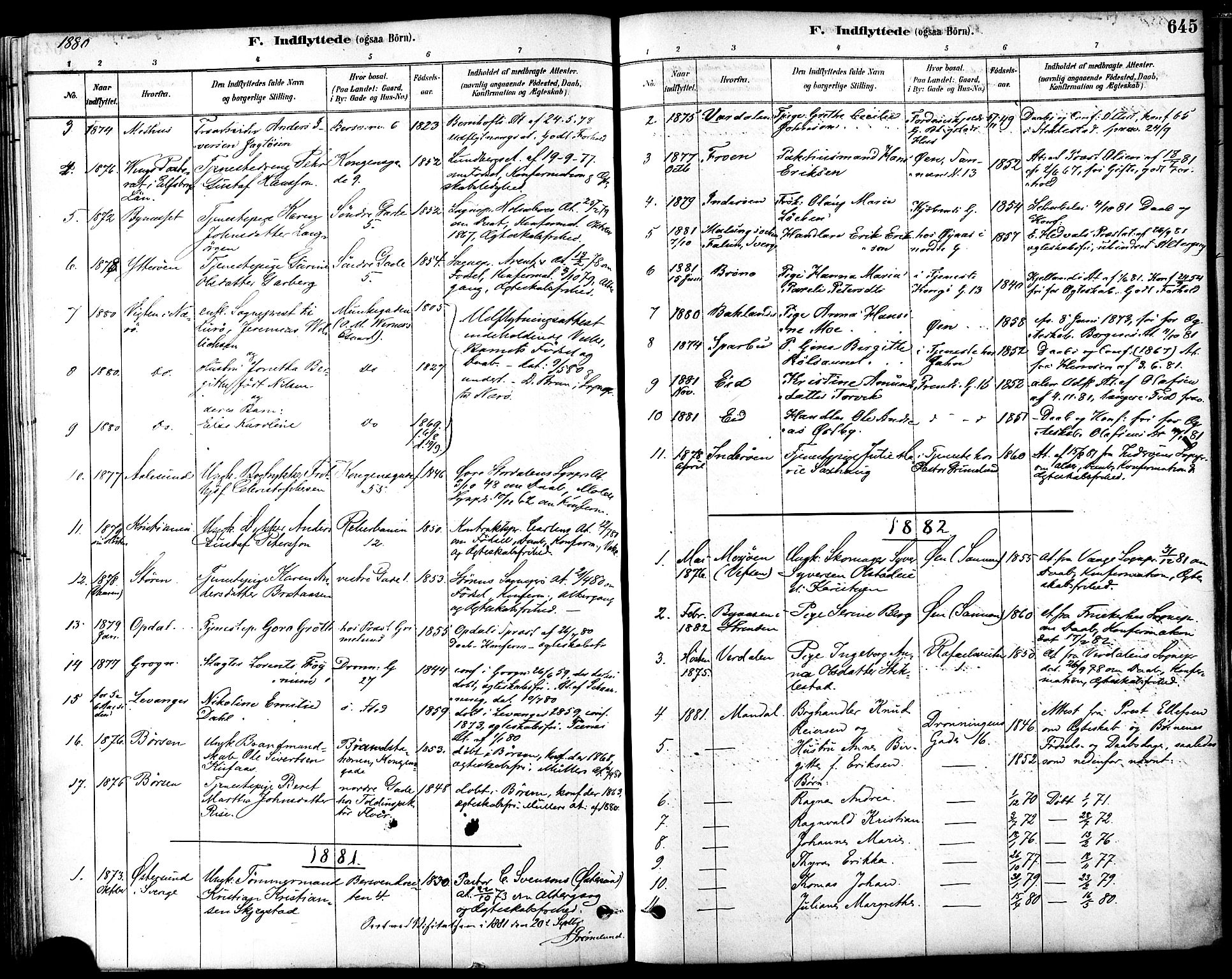 Ministerialprotokoller, klokkerbøker og fødselsregistre - Sør-Trøndelag, SAT/A-1456/601/L0058: Parish register (official) no. 601A26, 1877-1891, p. 645