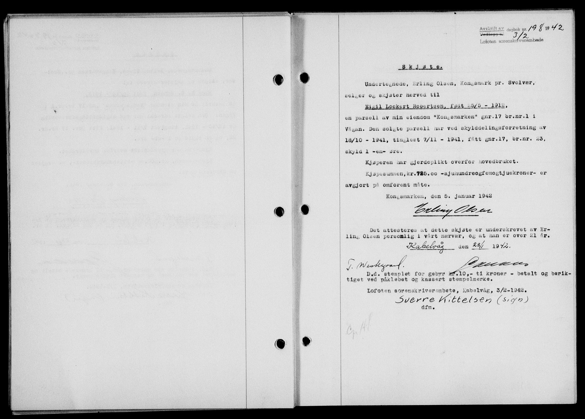 Lofoten sorenskriveri, SAT/A-0017/1/2/2C/L0009a: Mortgage book no. 9a, 1941-1942, Diary no: : 198/1942