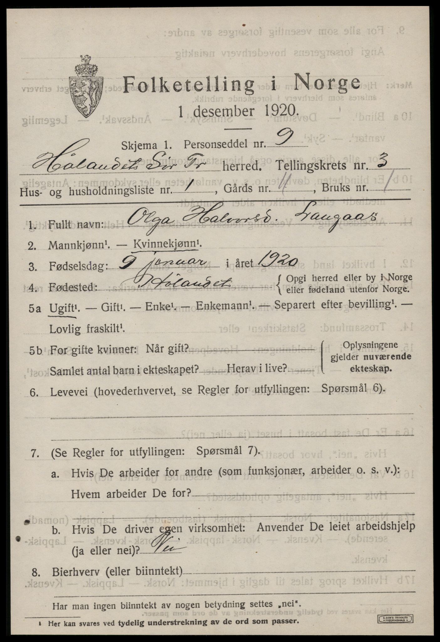 SAT, 1920 census for Hølonda, 1920, p. 1169