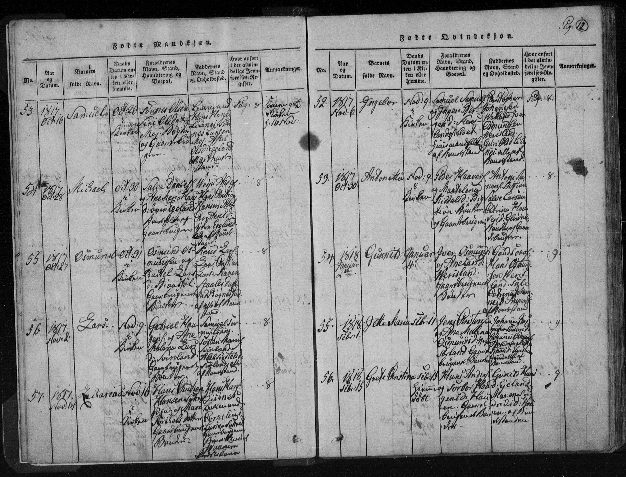 Kvinesdal sokneprestkontor, SAK/1111-0026/F/Fa/Fab/L0003: Parish register (official) no. A 3, 1815-1829, p. 12