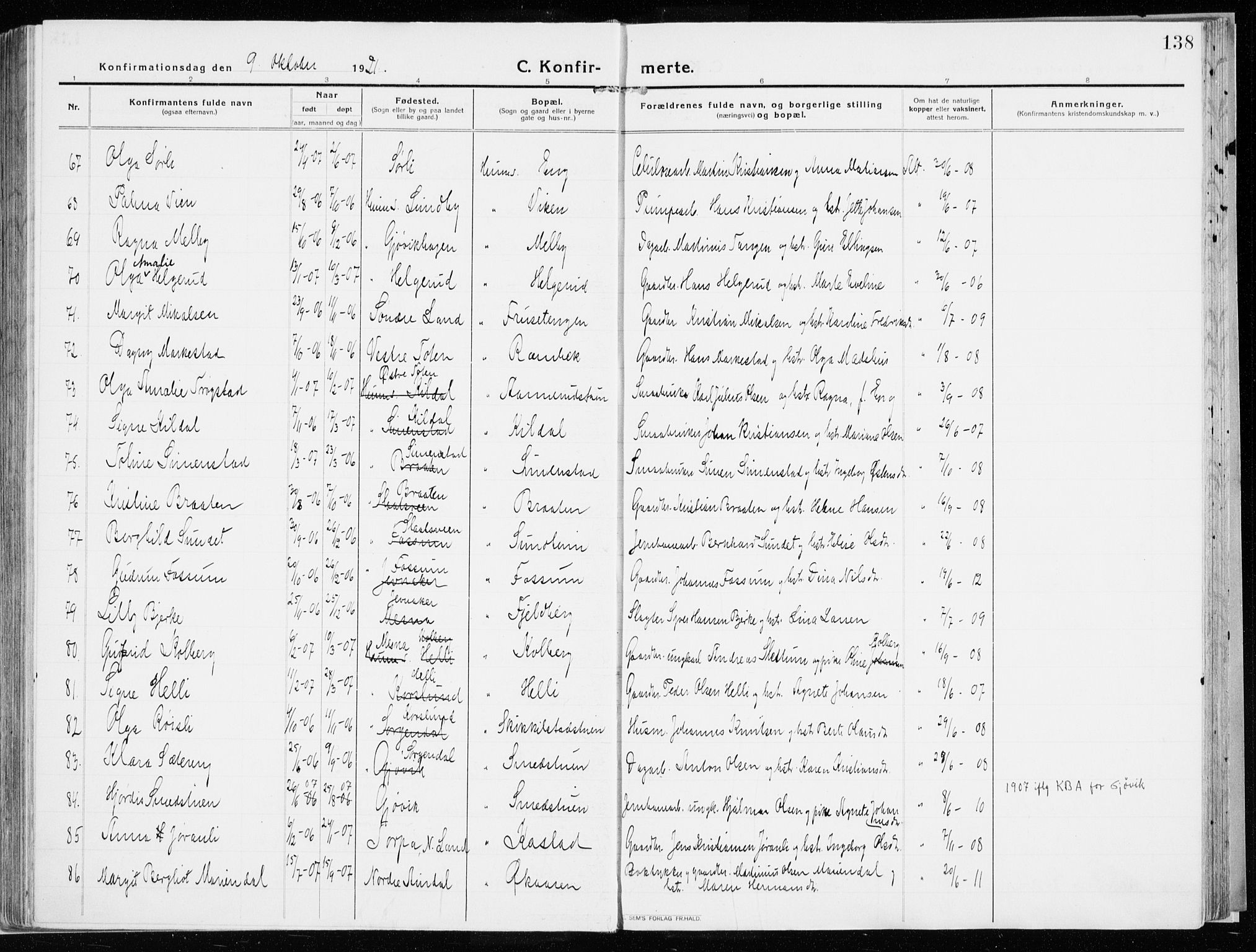 Vardal prestekontor, SAH/PREST-100/H/Ha/Haa/L0017: Parish register (official) no. 17, 1915-1929, p. 138