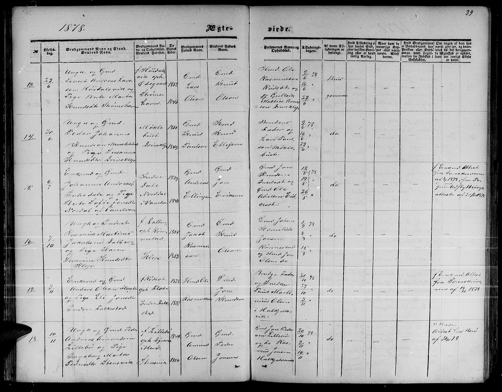 Ministerialprotokoller, klokkerbøker og fødselsregistre - Møre og Romsdal, AV/SAT-A-1454/511/L0157: Parish register (copy) no. 511C03, 1864-1884, p. 39