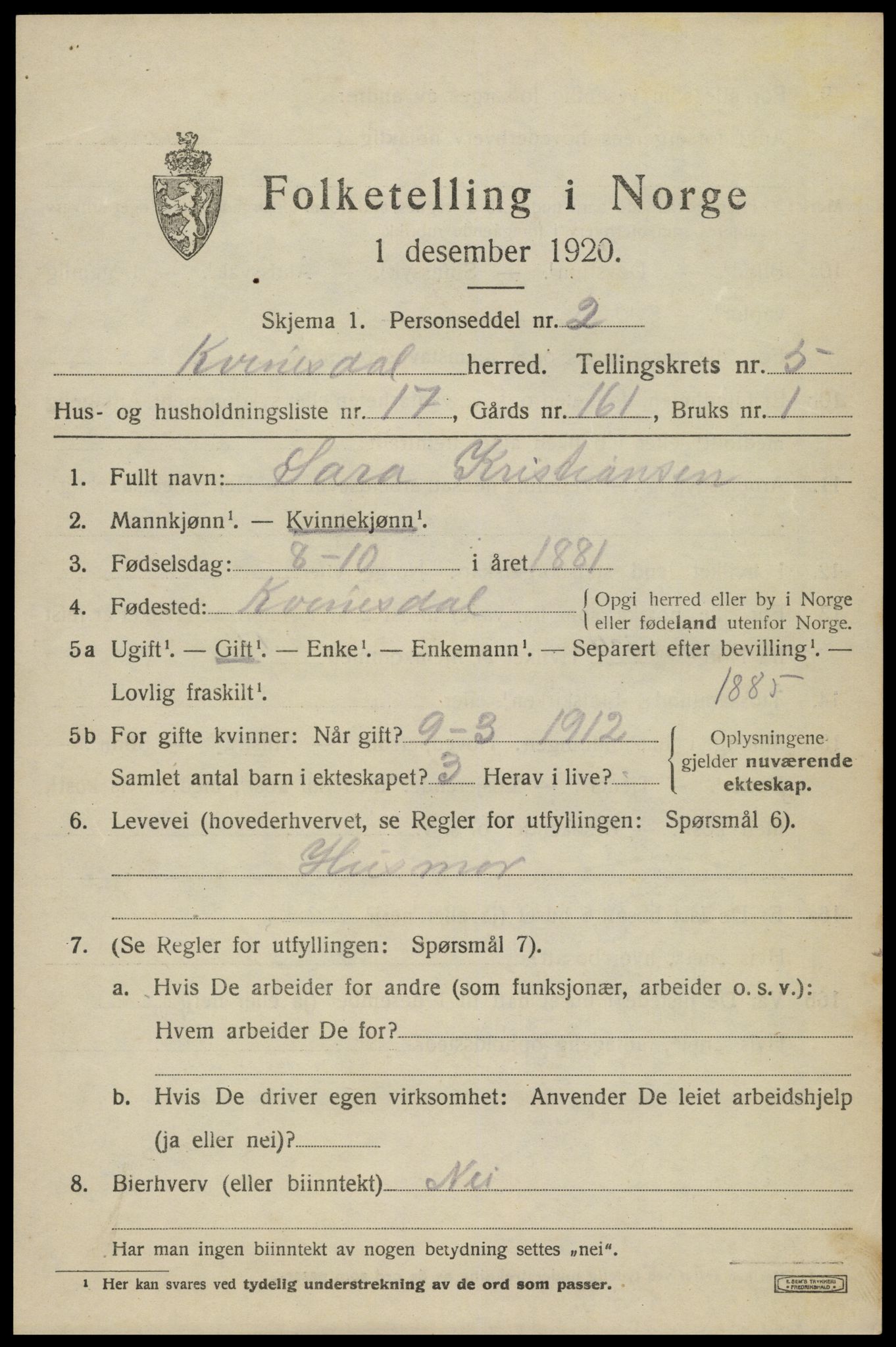 SAK, 1920 census for Kvinesdal, 1920, p. 5871