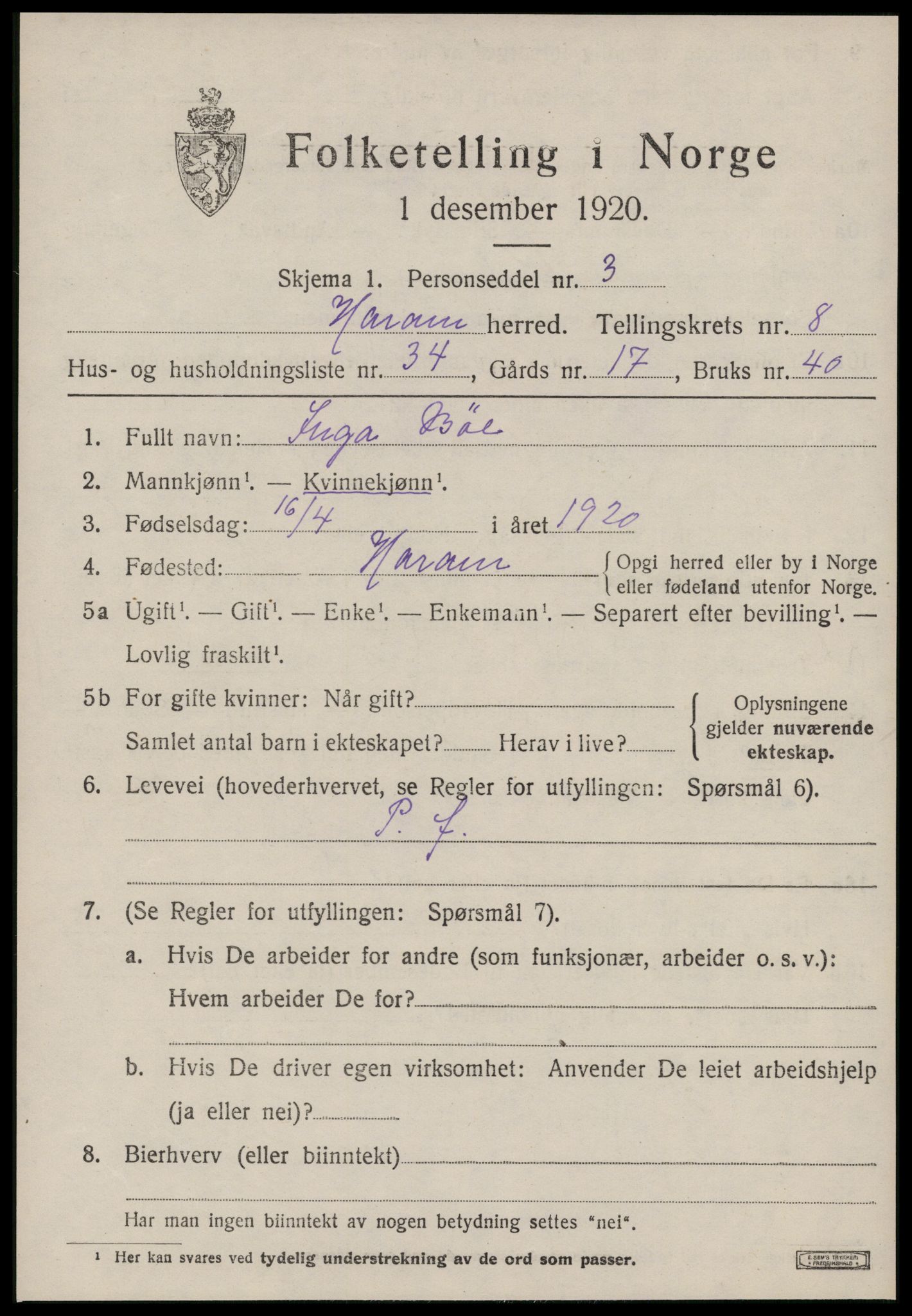 SAT, 1920 census for Haram, 1920, p. 5039