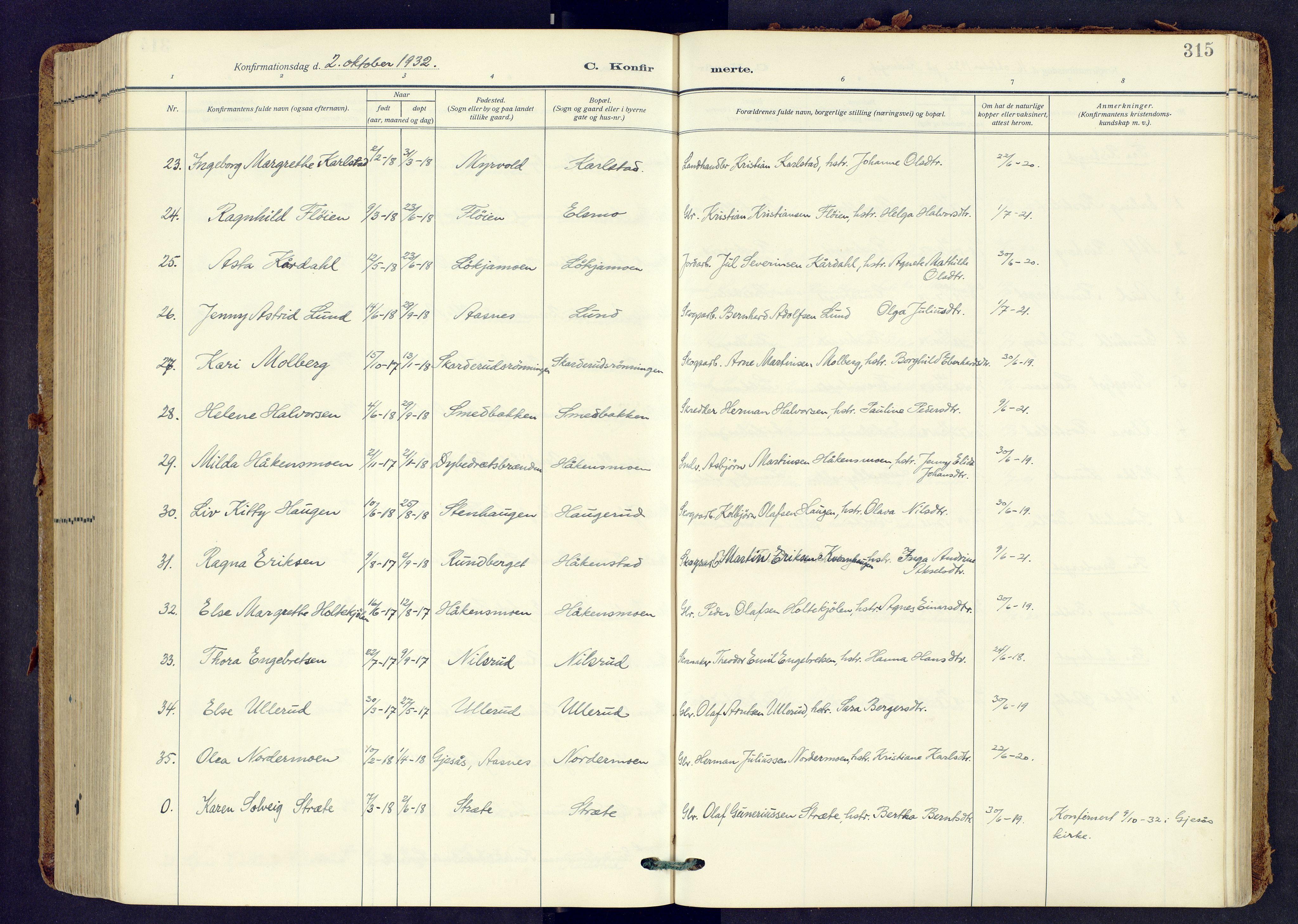 Våler prestekontor, Hedmark, AV/SAH-PREST-040/H/Ha/Haa/L0009: Parish register (official) no. 9, 1912-1940, p. 315