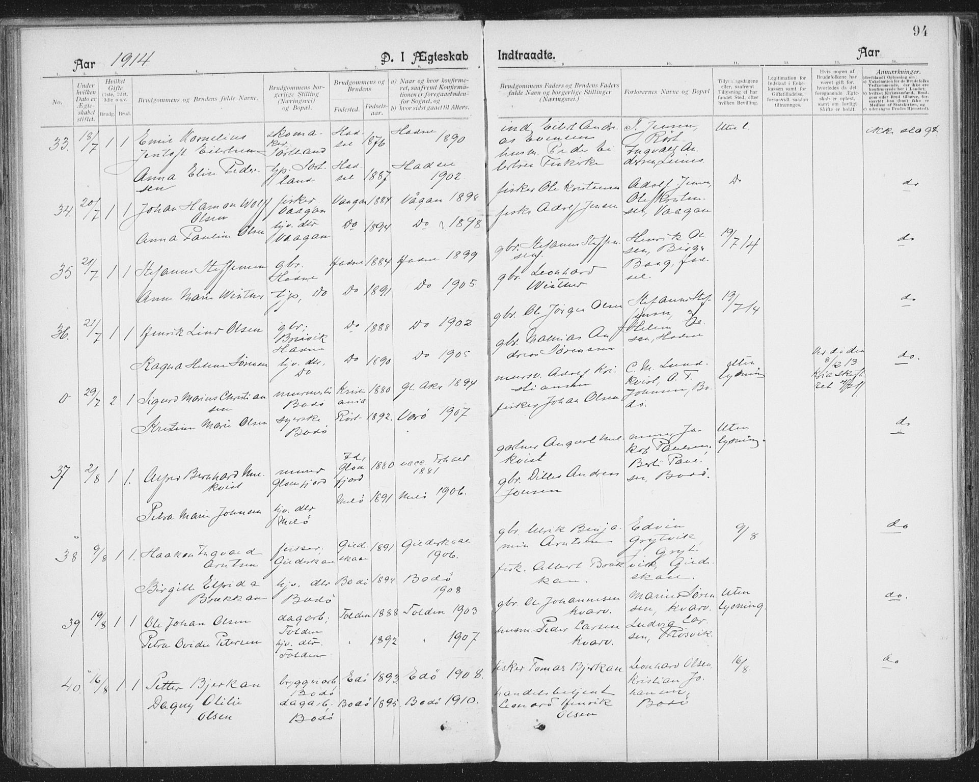 Ministerialprotokoller, klokkerbøker og fødselsregistre - Nordland, AV/SAT-A-1459/801/L0012: Parish register (official) no. 801A12, 1900-1916, p. 94