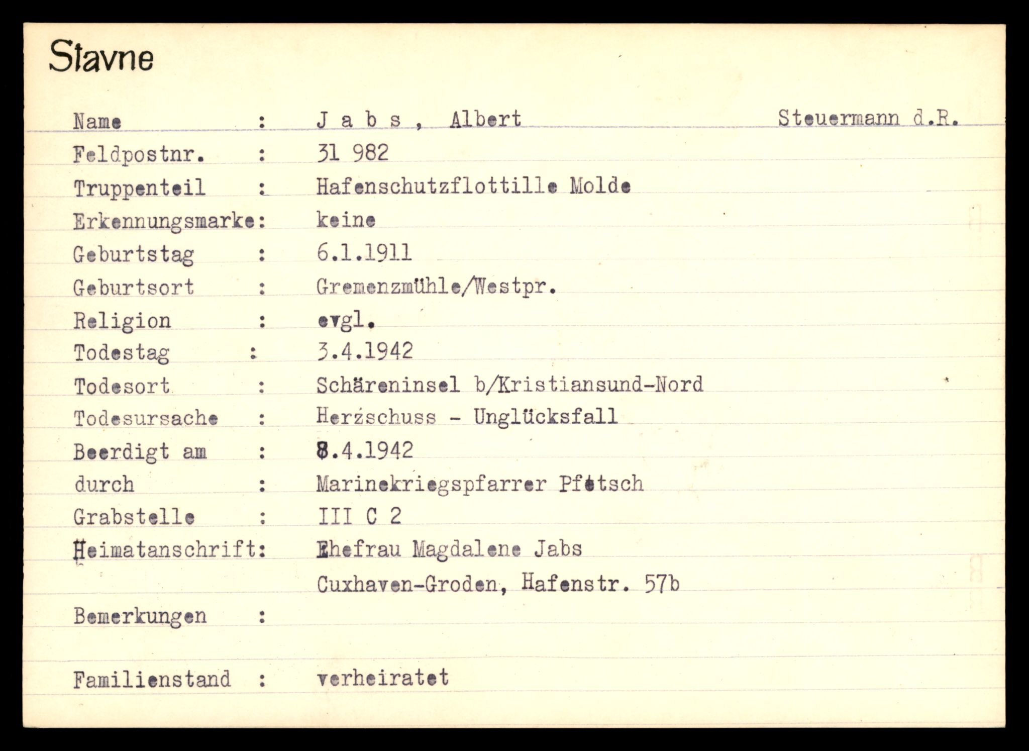 Distriktskontoret for krigsgraver, AV/SAT-A-5030/E/L0003: Kasett/kartotek over tysk Krigskirkegård Stavne, 1945, p. 611