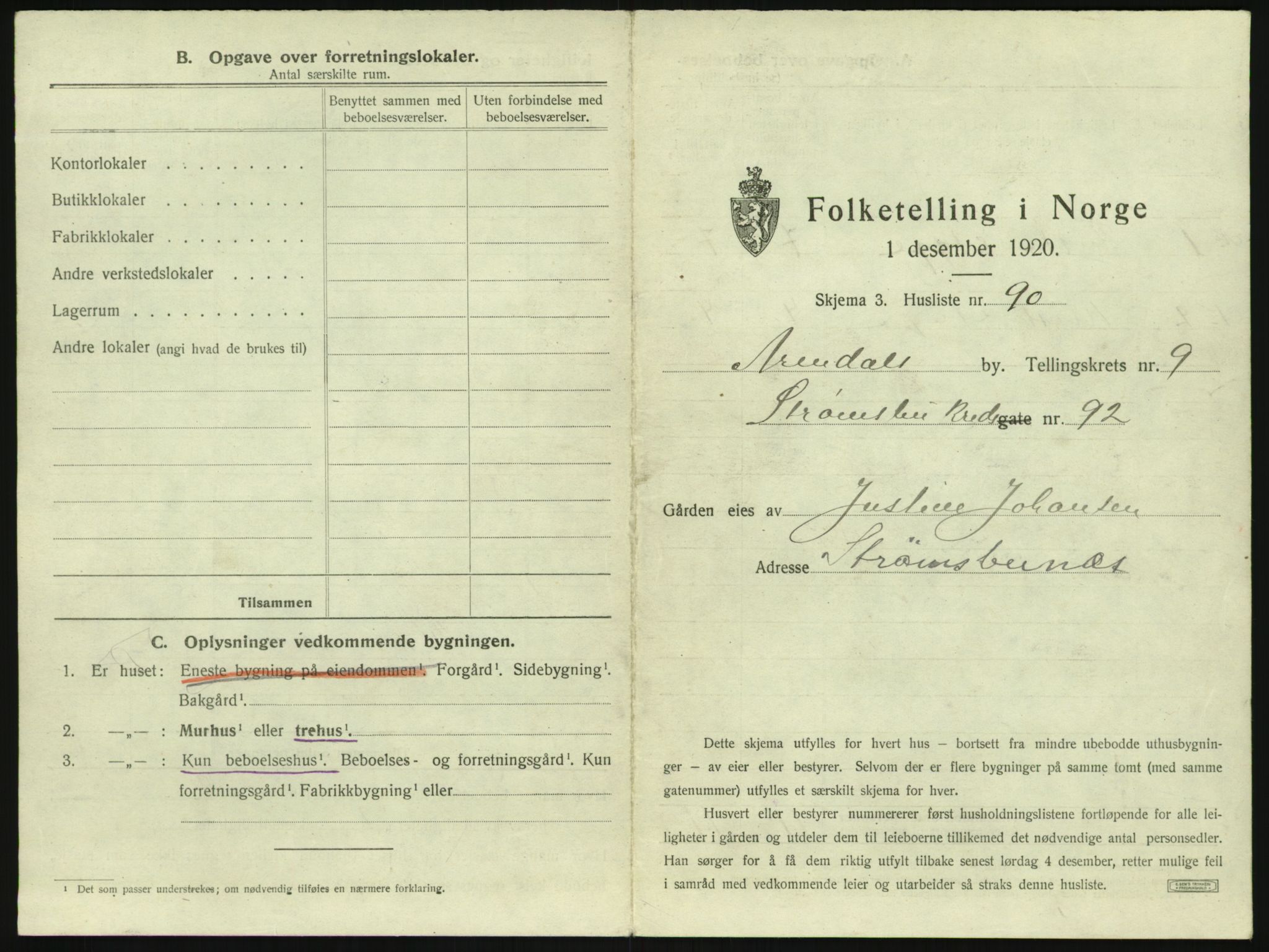 SAK, 1920 census for Arendal, 1920, p. 1280