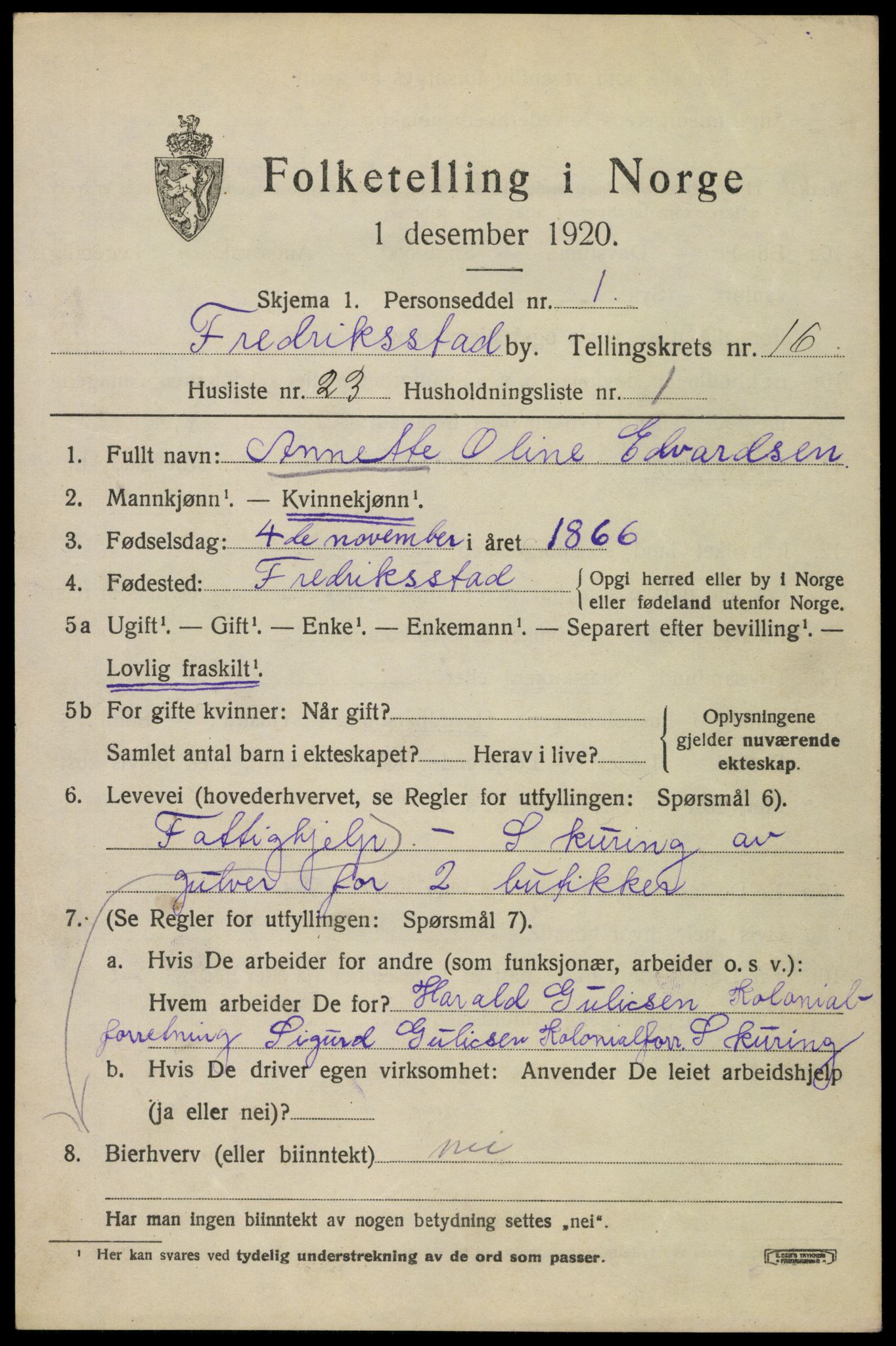 SAO, 1920 census for Fredrikstad, 1920, p. 37435