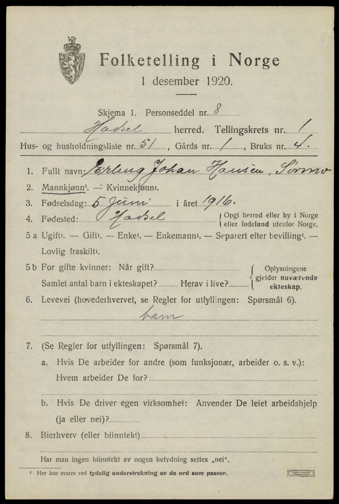 SAT, 1920 census for Hadsel, 1920, p. 3964