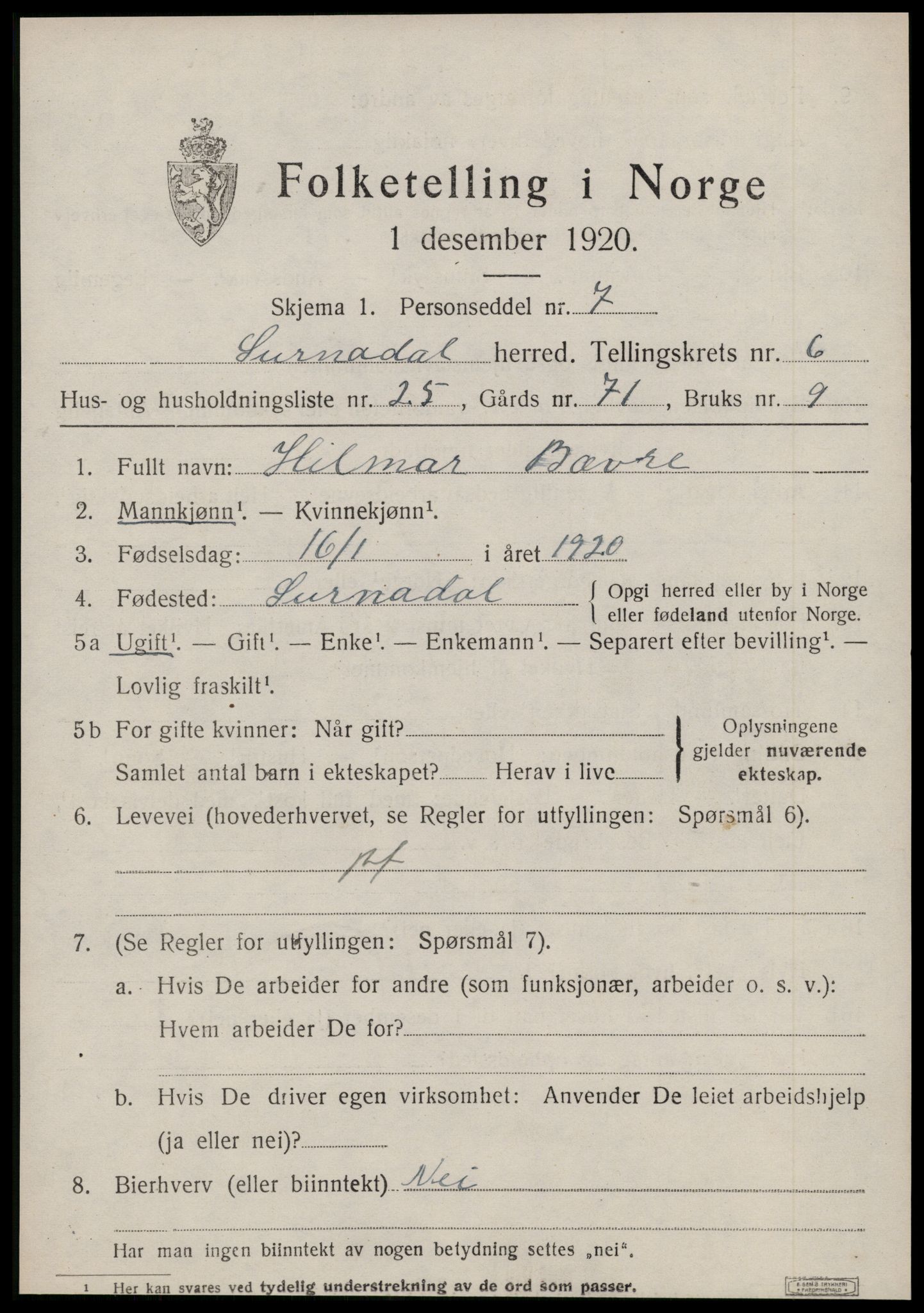 SAT, 1920 census for Surnadal, 1920, p. 4561