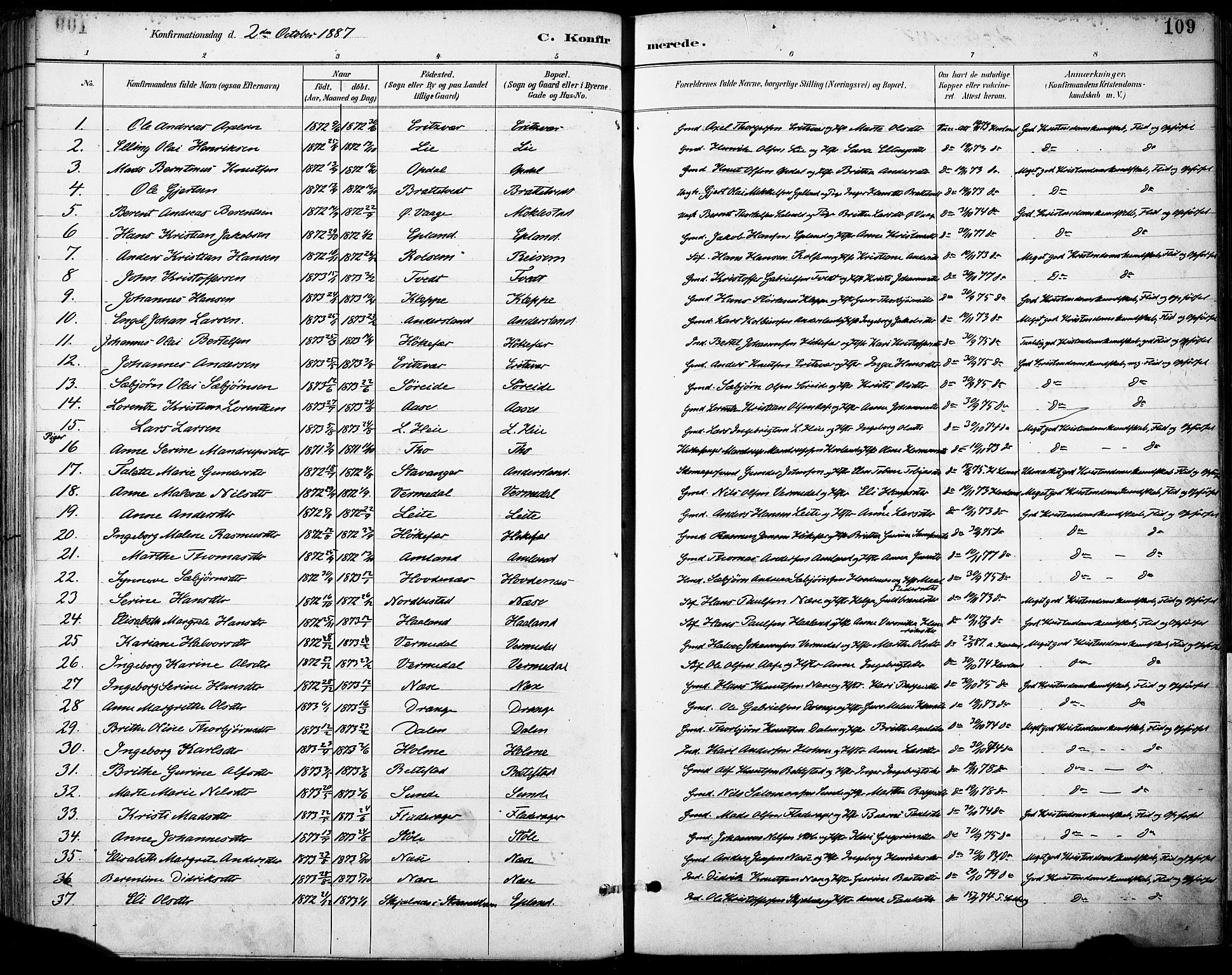Tysnes sokneprestembete, SAB/A-78601/H/Haa: Parish register (official) no. D 1, 1887-1904, p. 109