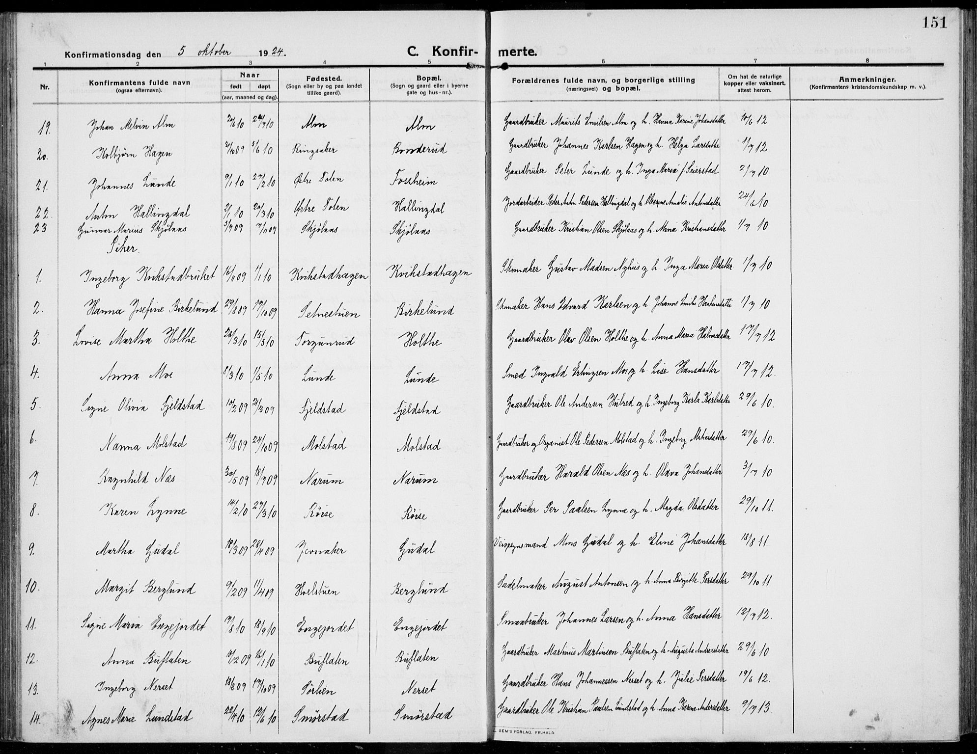 Kolbu prestekontor, SAH/PREST-110/H/Ha/Haa/L0002: Parish register (official) no. 2, 1912-1926, p. 151