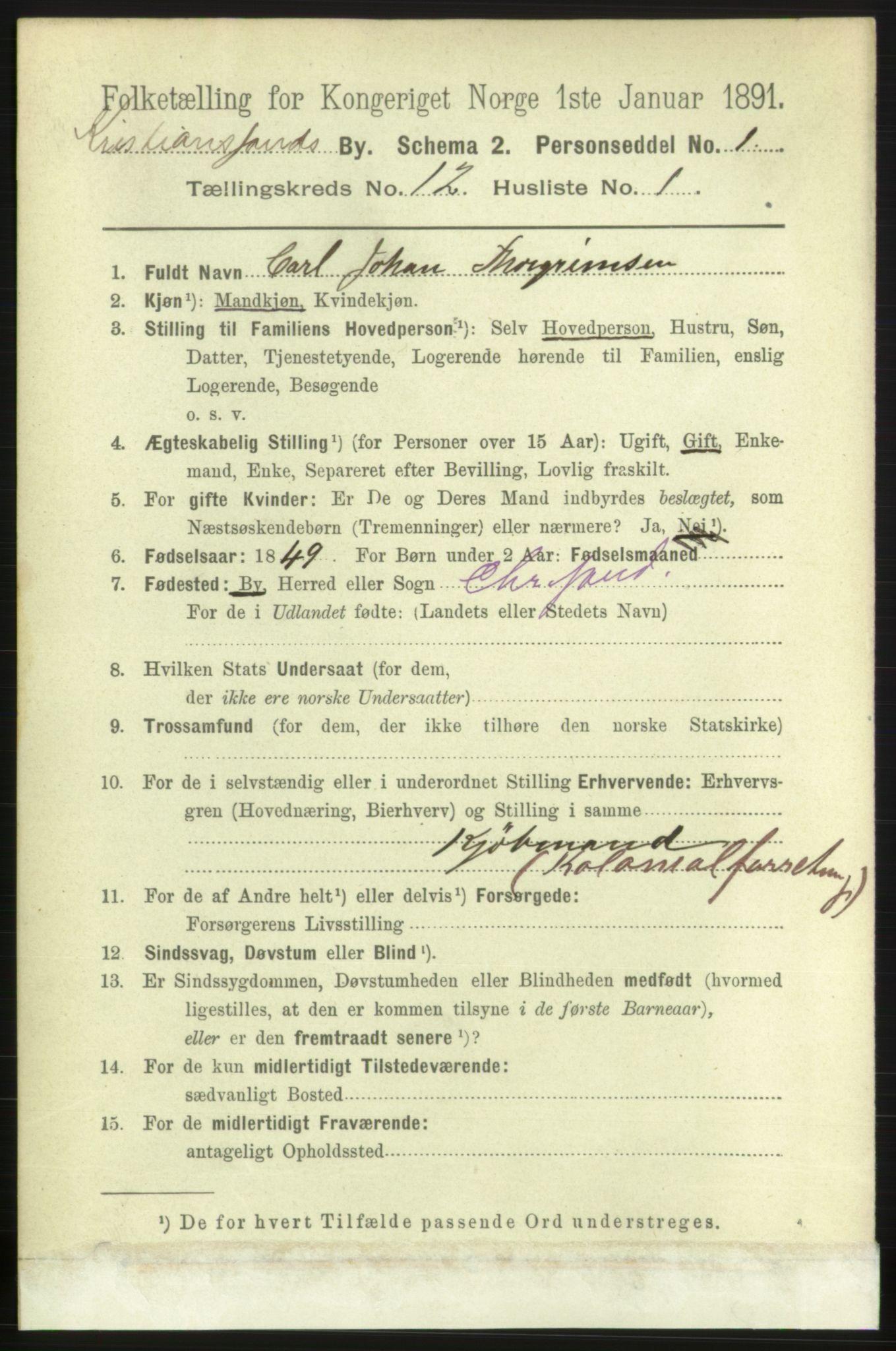 RA, 1891 census for 1001 Kristiansand, 1891, p. 6002