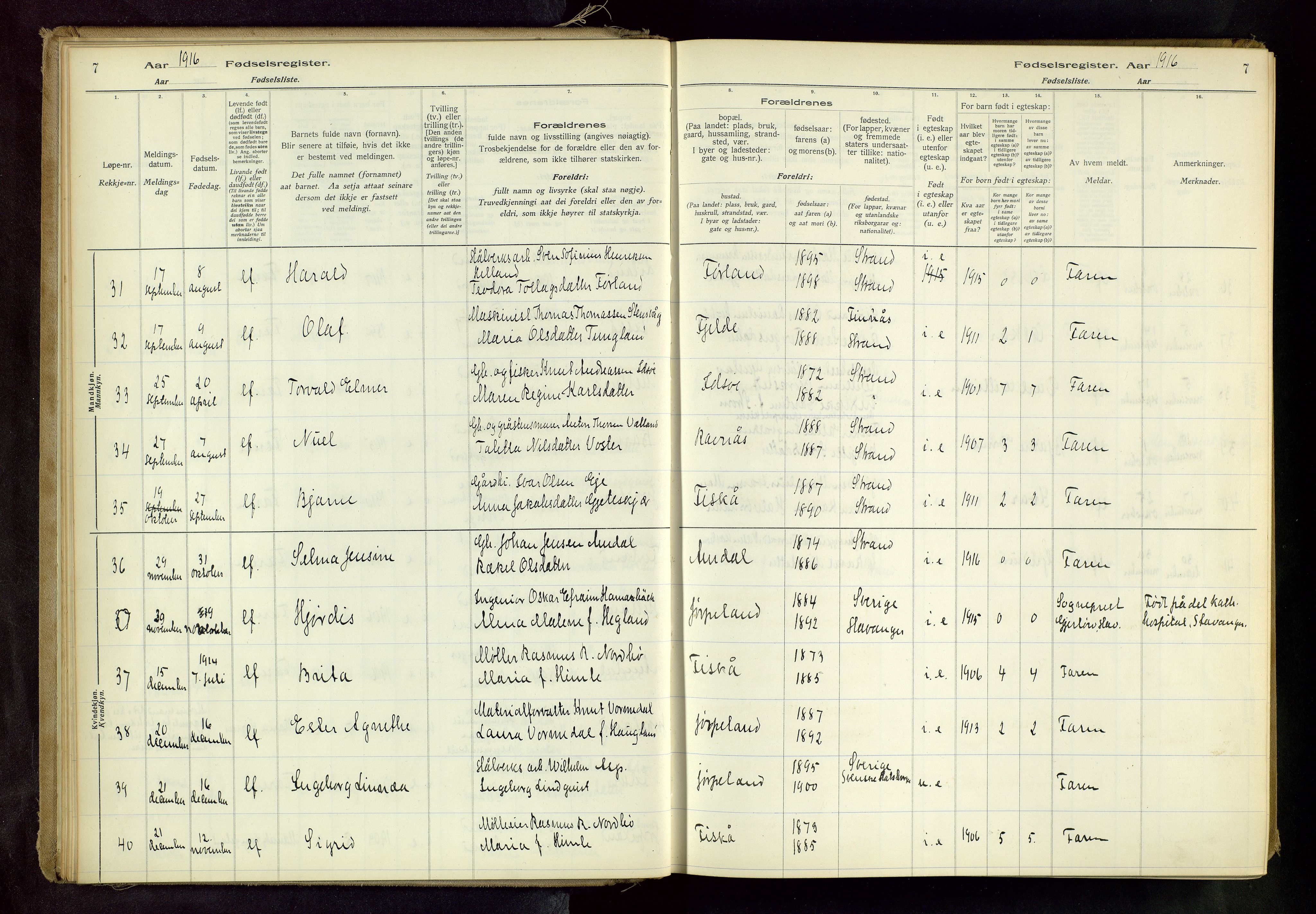 Strand sokneprestkontor, AV/SAST-A-101828/I/Id/L0001: Birth register no. 1, 1916-1938, p. 7