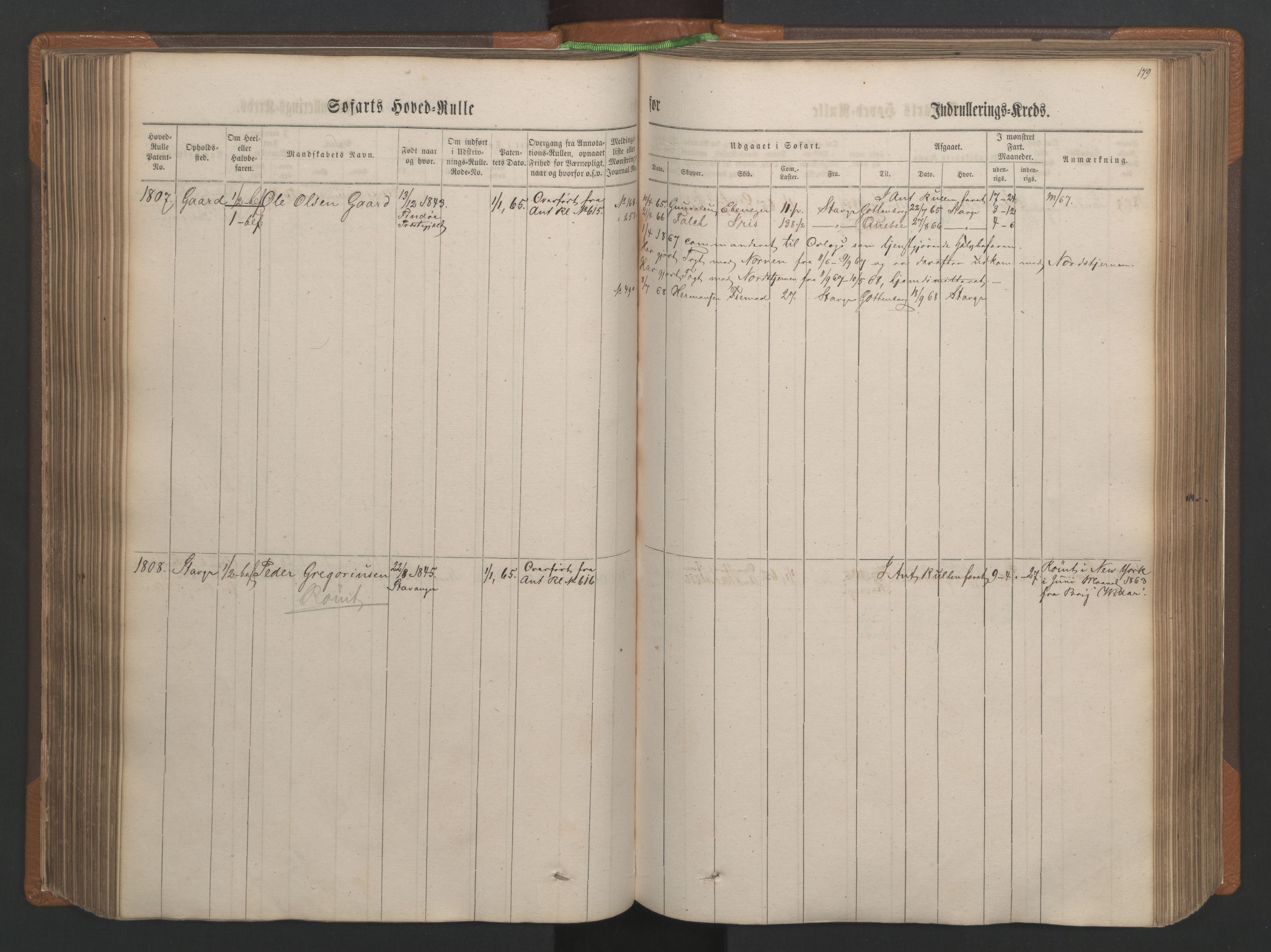 Stavanger sjømannskontor, AV/SAST-A-102006/F/Fb/Fbb/L0003: Sjøfartshovedrulle, patentnr. 1451-2270, 1863, p. 189