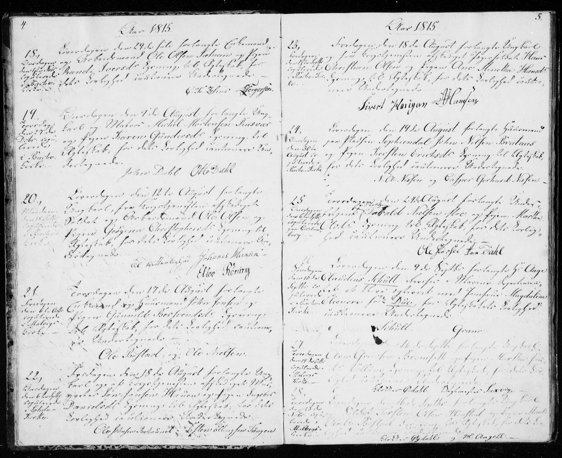 Ministerialprotokoller, klokkerbøker og fødselsregistre - Sør-Trøndelag, SAT/A-1456/606/L0295: Banns register no. 606A10, 1815-1833, p. 4-5