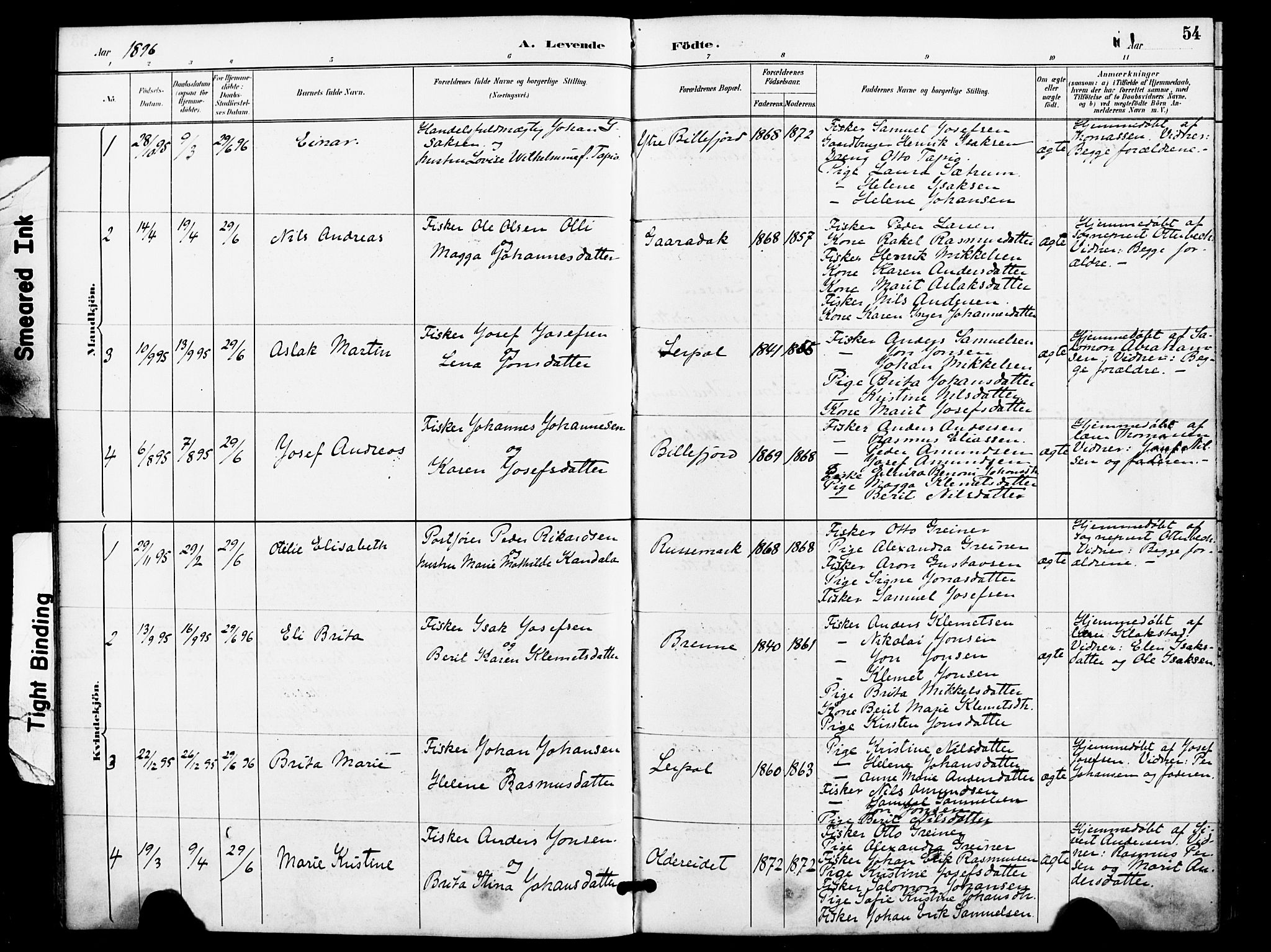 Kistrand/Porsanger sokneprestembete, AV/SATØ-S-1351/H/Ha/L0008.kirke: Parish register (official) no. 8, 1890-1898, p. 54