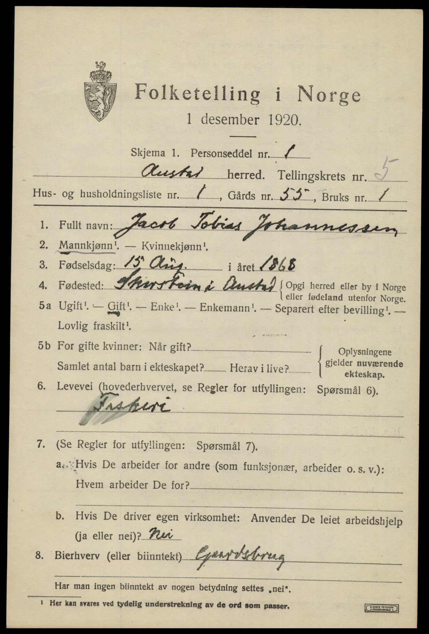 SAK, 1920 census for Austad, 1920, p. 1699