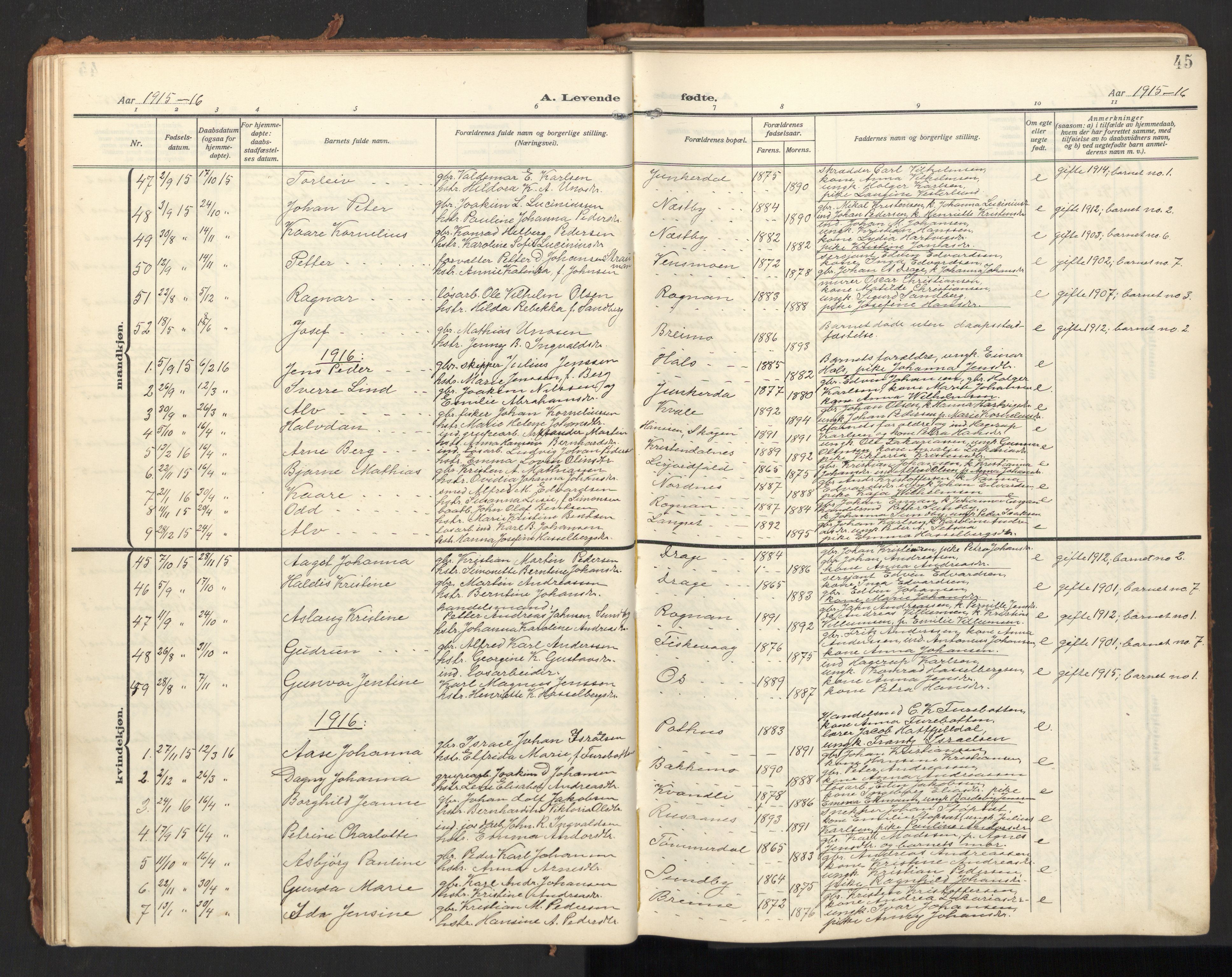 Ministerialprotokoller, klokkerbøker og fødselsregistre - Nordland, SAT/A-1459/847/L0683: Parish register (copy) no. 847C11, 1908-1929, p. 45