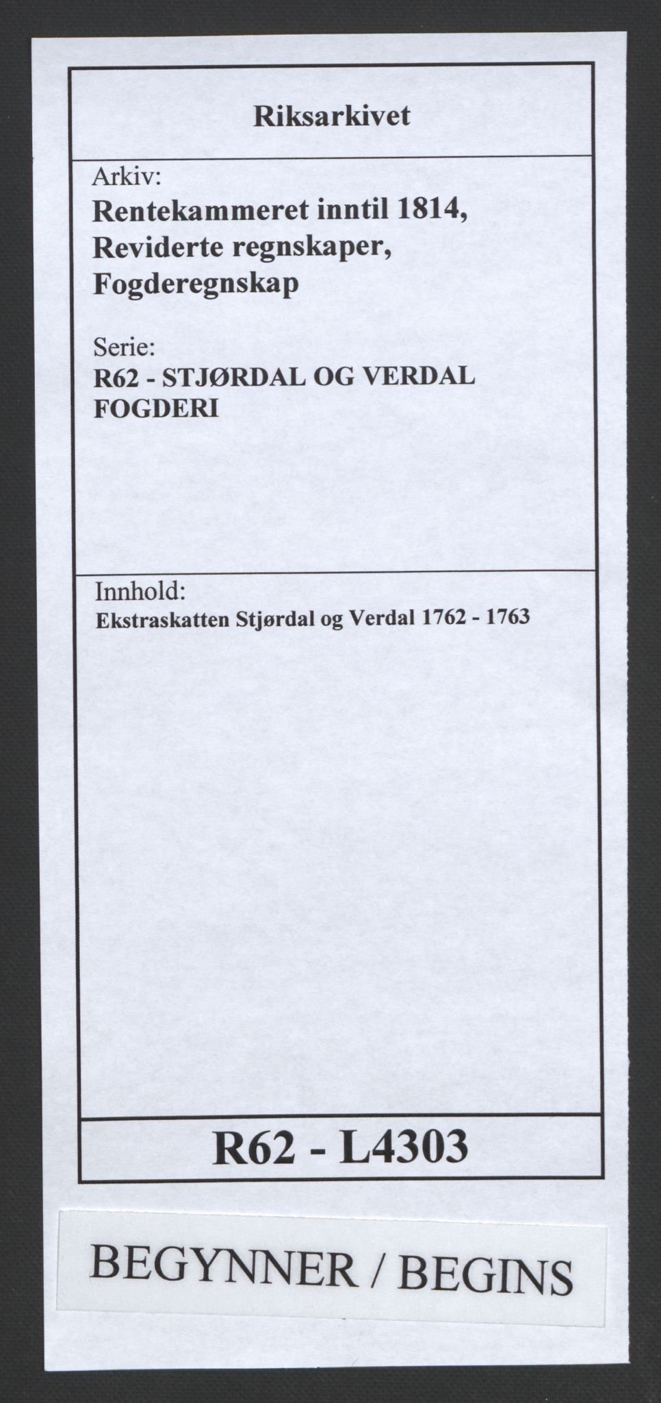 Rentekammeret inntil 1814, Reviderte regnskaper, Fogderegnskap, AV/RA-EA-4092/R62/L4303: Ekstraskatten Stjørdal og Verdal, 1762-1763, p. 1