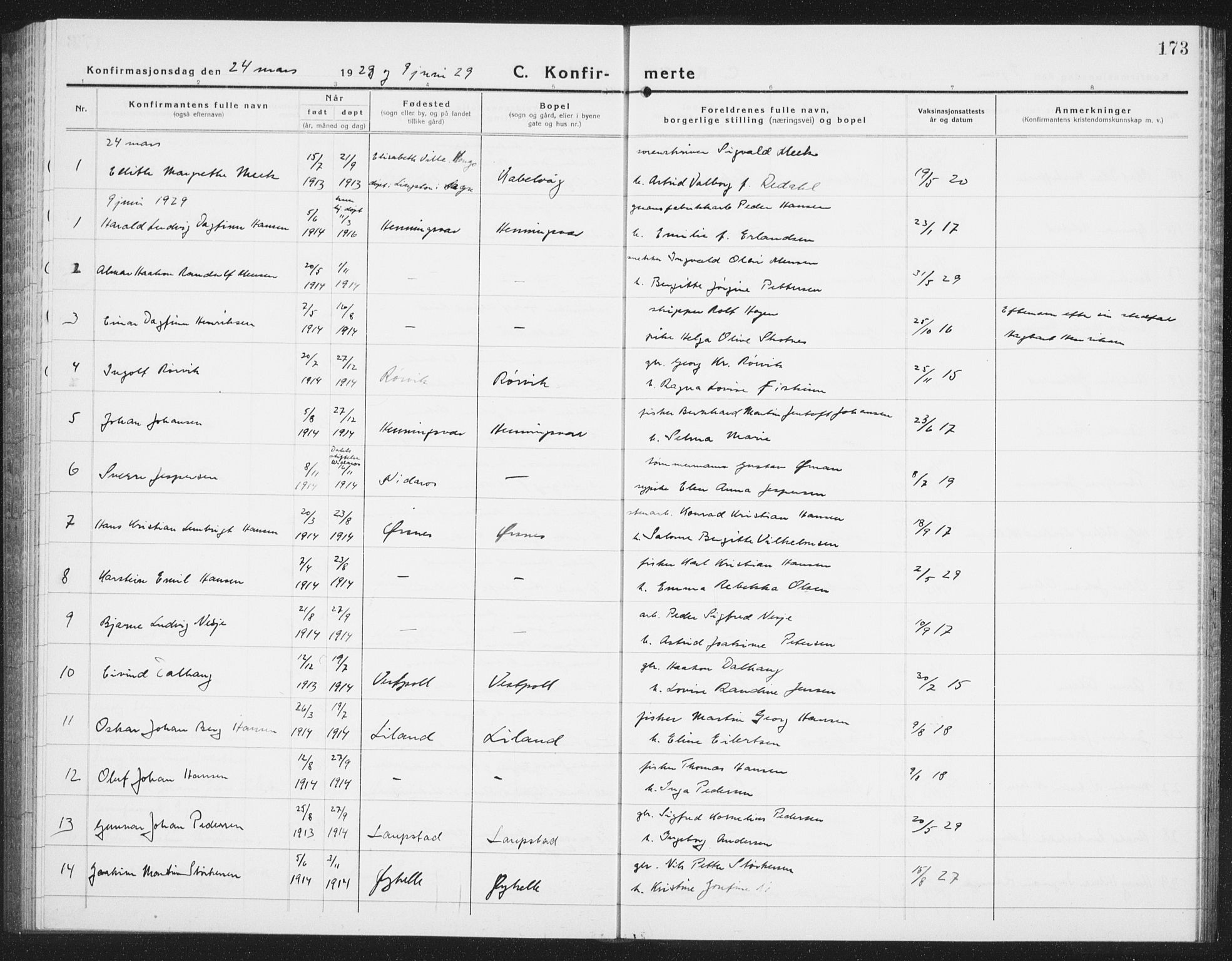 Ministerialprotokoller, klokkerbøker og fødselsregistre - Nordland, AV/SAT-A-1459/874/L1081: Parish register (copy) no. 874C10, 1925-1941, p. 173