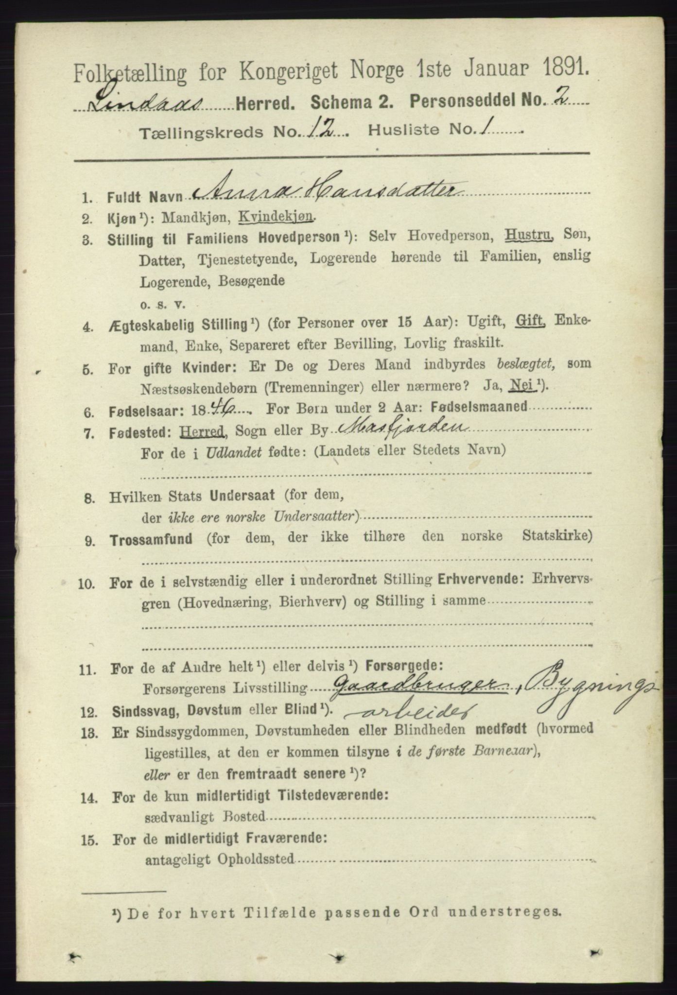 RA, 1891 census for 1263 Lindås, 1891, p. 4038