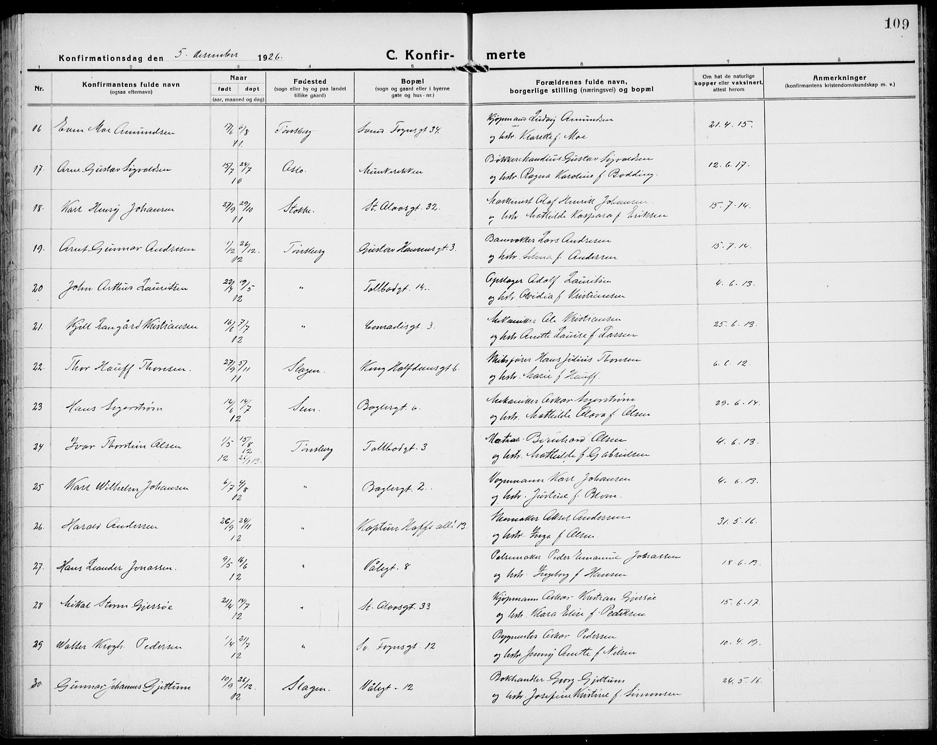 Tønsberg kirkebøker, AV/SAKO-A-330/G/Ga/L0013: Parish register (copy) no. 13, 1920-1929, p. 109