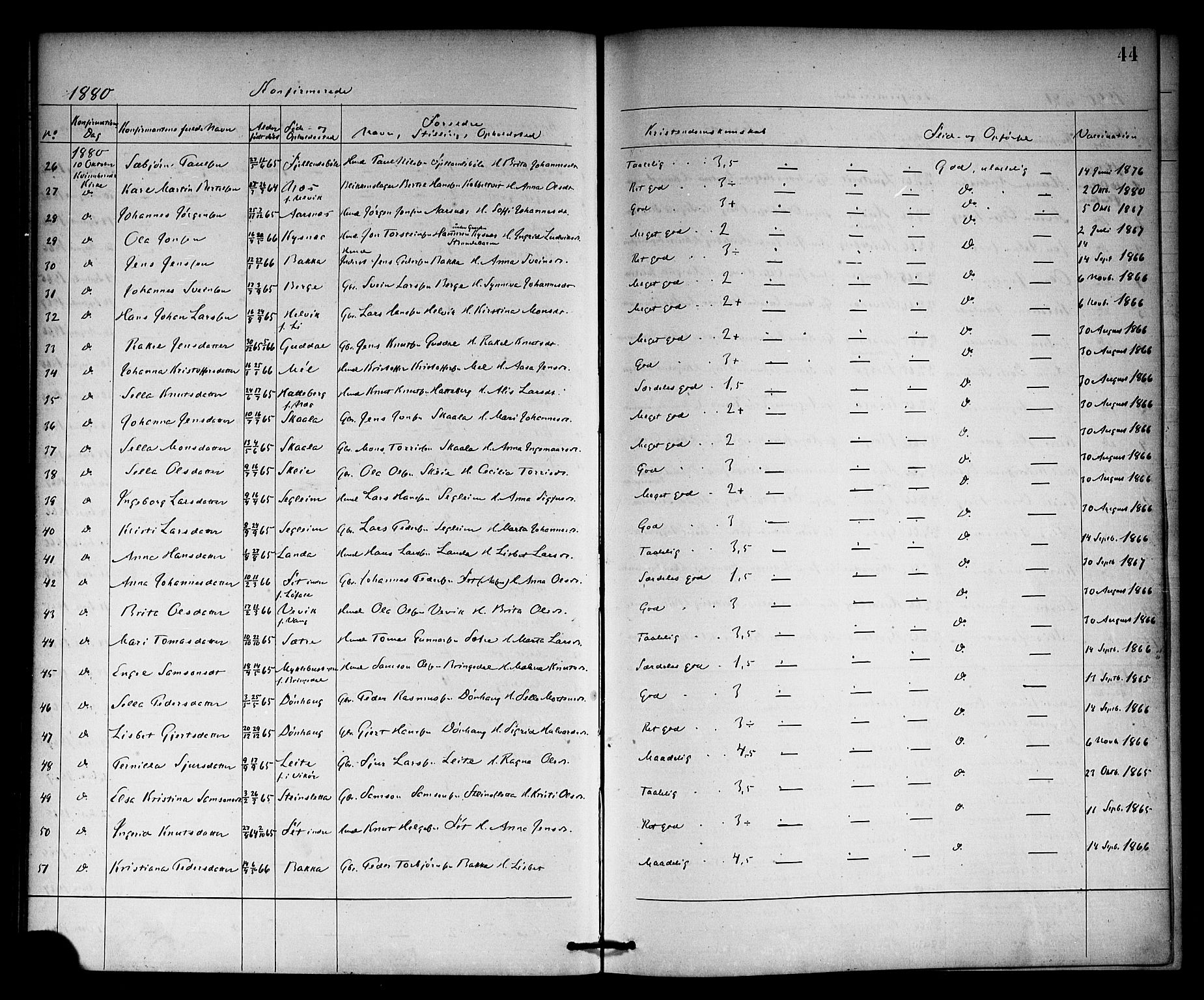 Kvinnherad sokneprestembete, SAB/A-76401/H/Haa: Parish register (official) no. A 10, 1867-1886, p. 44