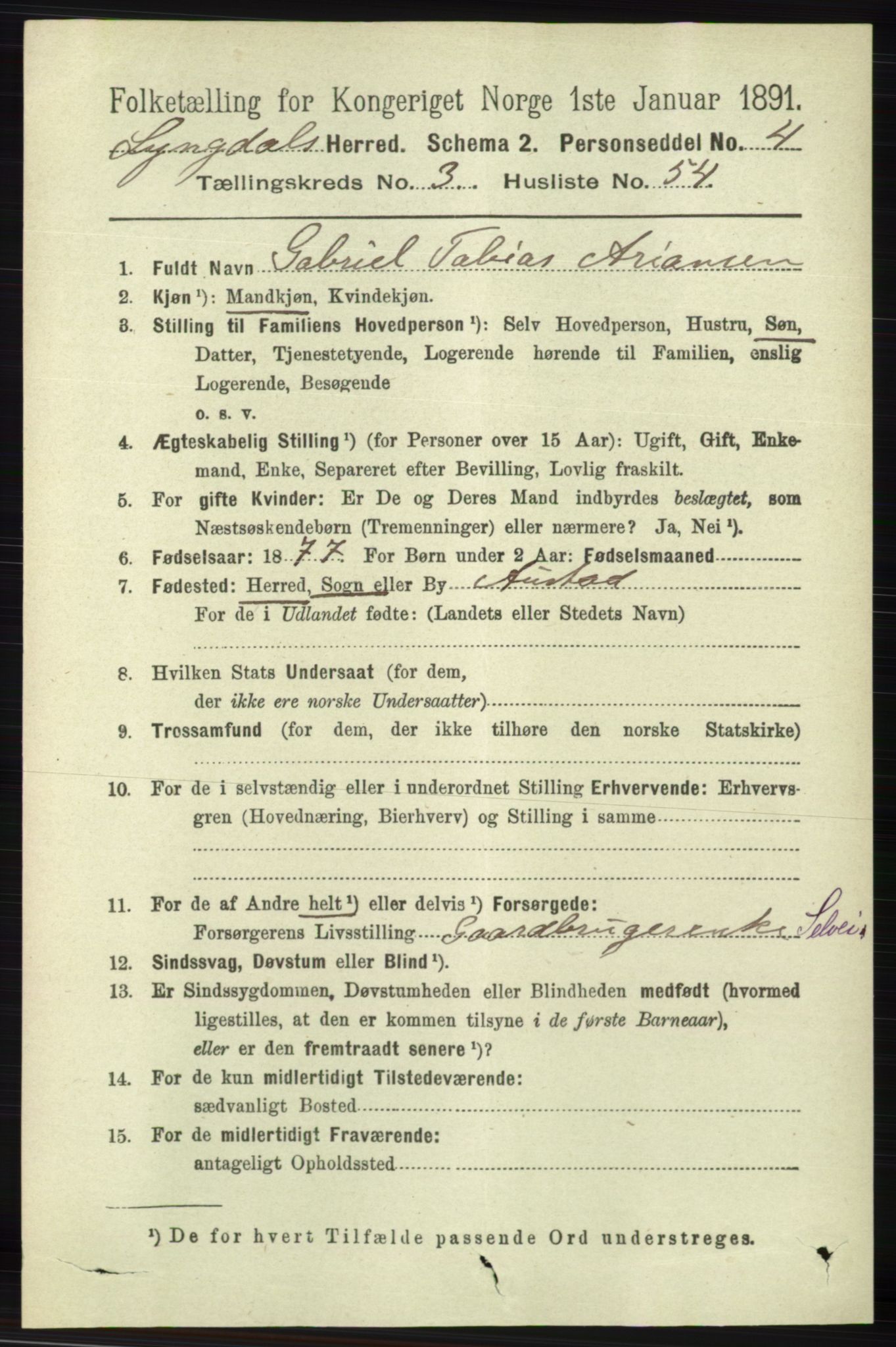 RA, 1891 census for 1032 Lyngdal, 1891, p. 1350