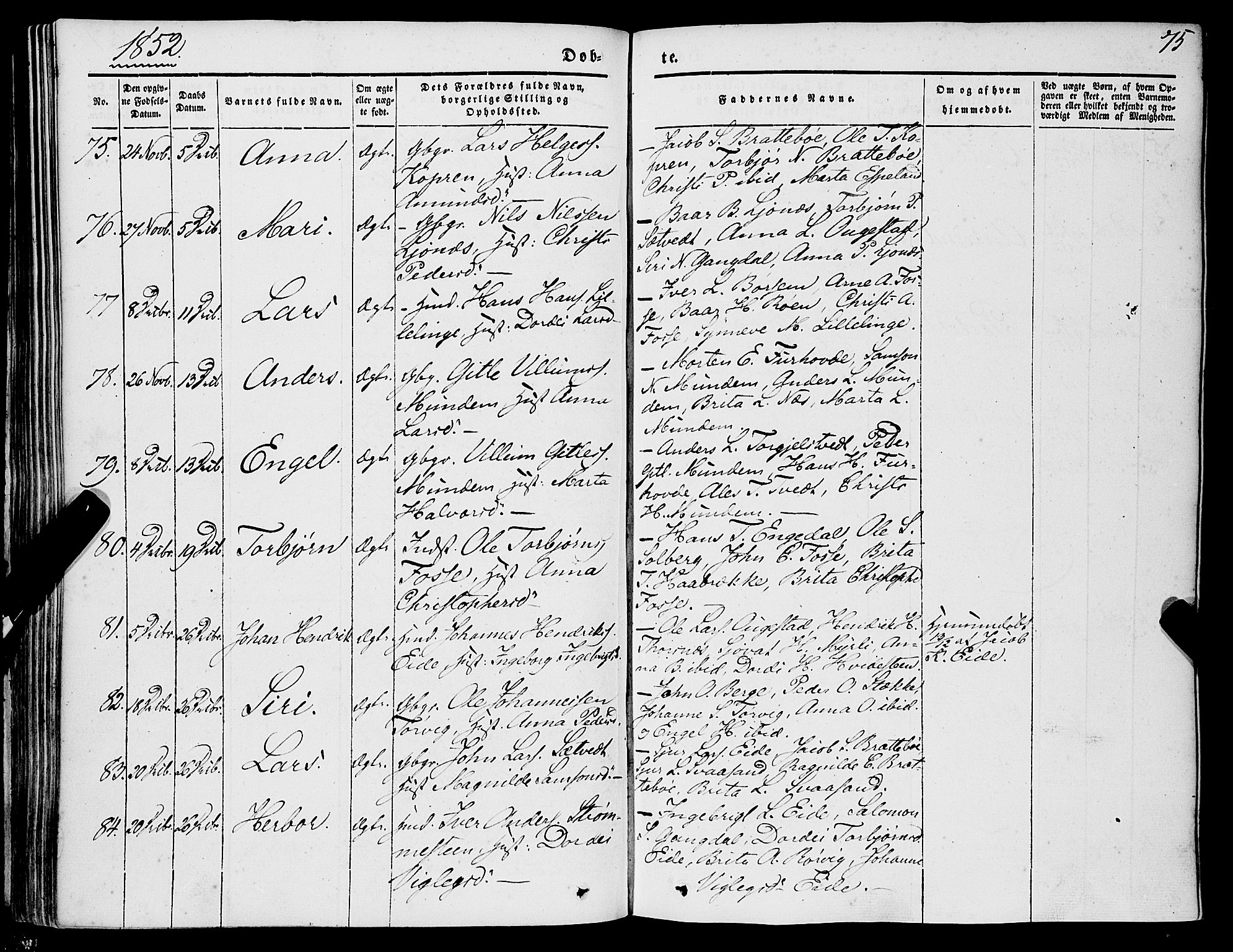 Strandebarm sokneprestembete, AV/SAB-A-78401/H/Haa: Parish register (official) no. A 7, 1844-1872, p. 75