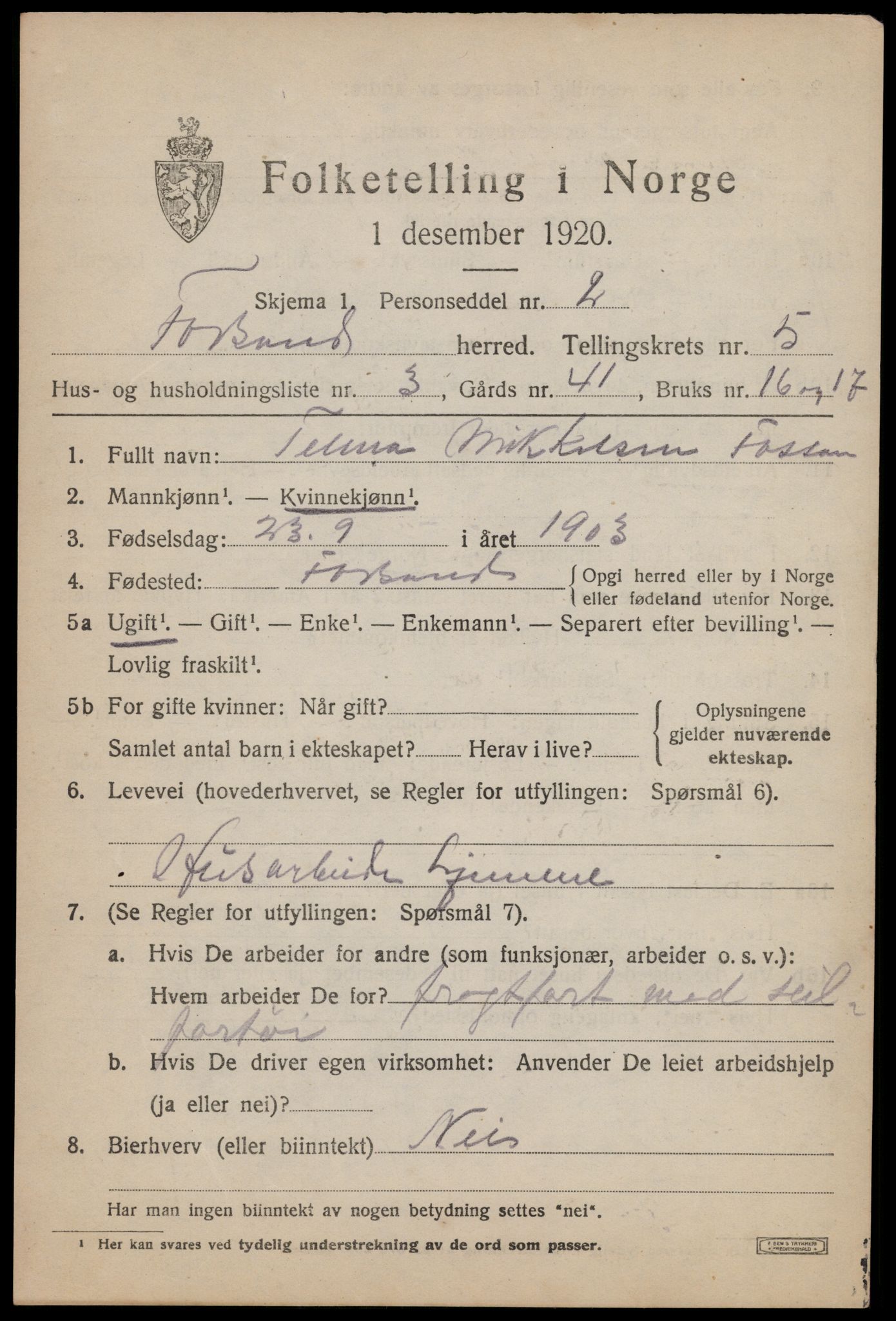 SAST, 1920 census for Forsand, 1920, p. 1795