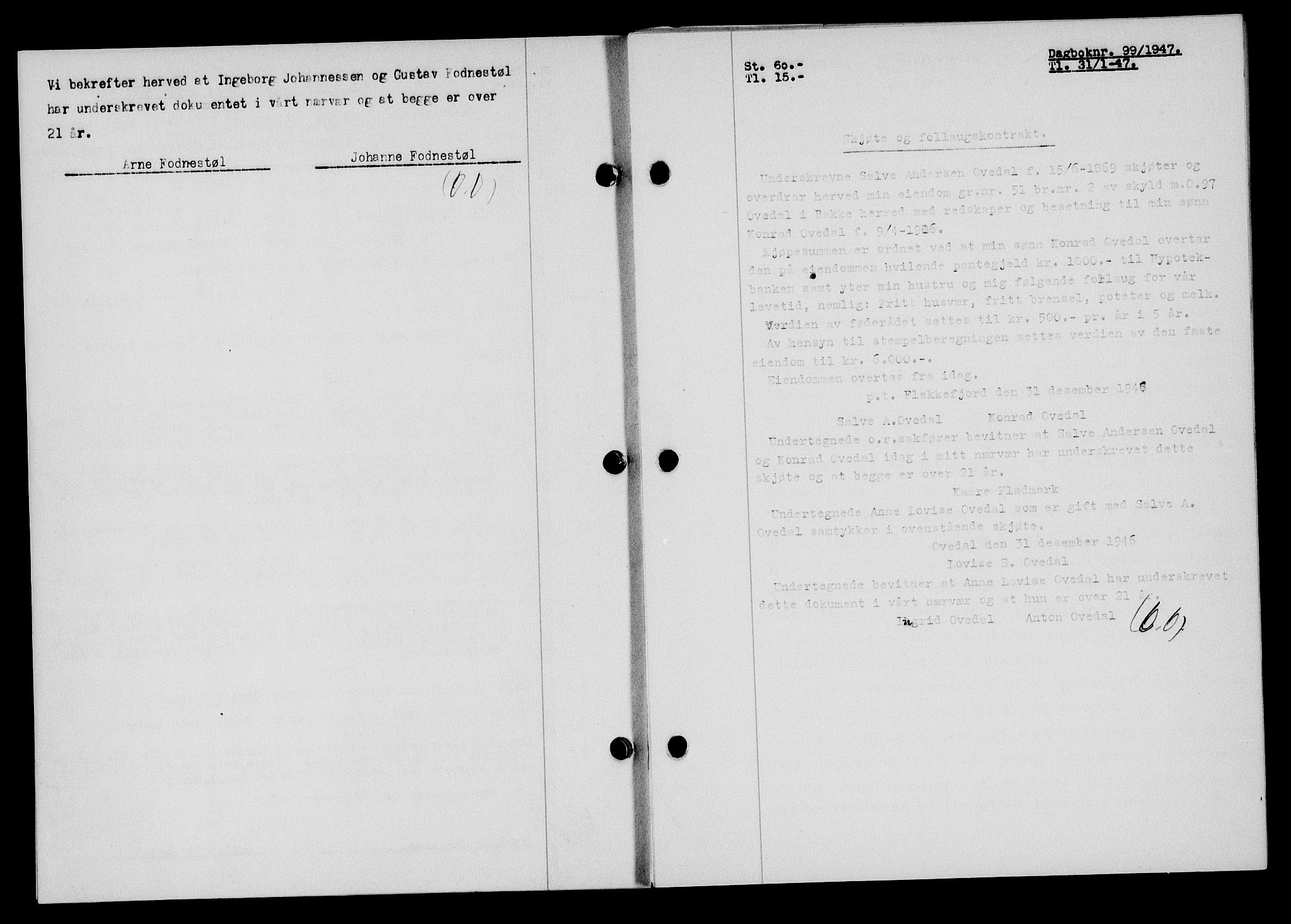 Flekkefjord sorenskriveri, AV/SAK-1221-0001/G/Gb/Gba/L0061: Mortgage book no. A-9, 1946-1947, Diary no: : 99/1947