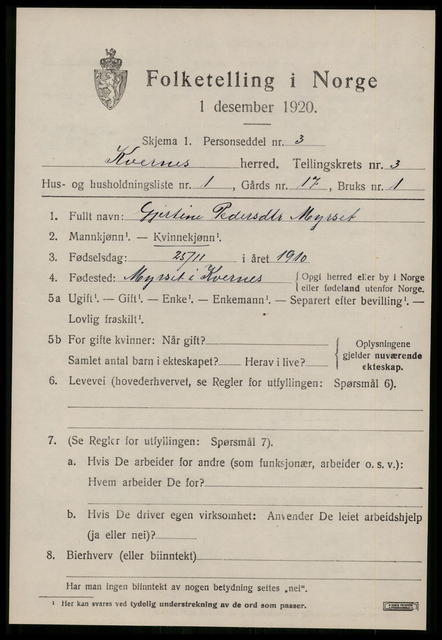 SAT, 1920 census for Kvernes, 1920, p. 1587