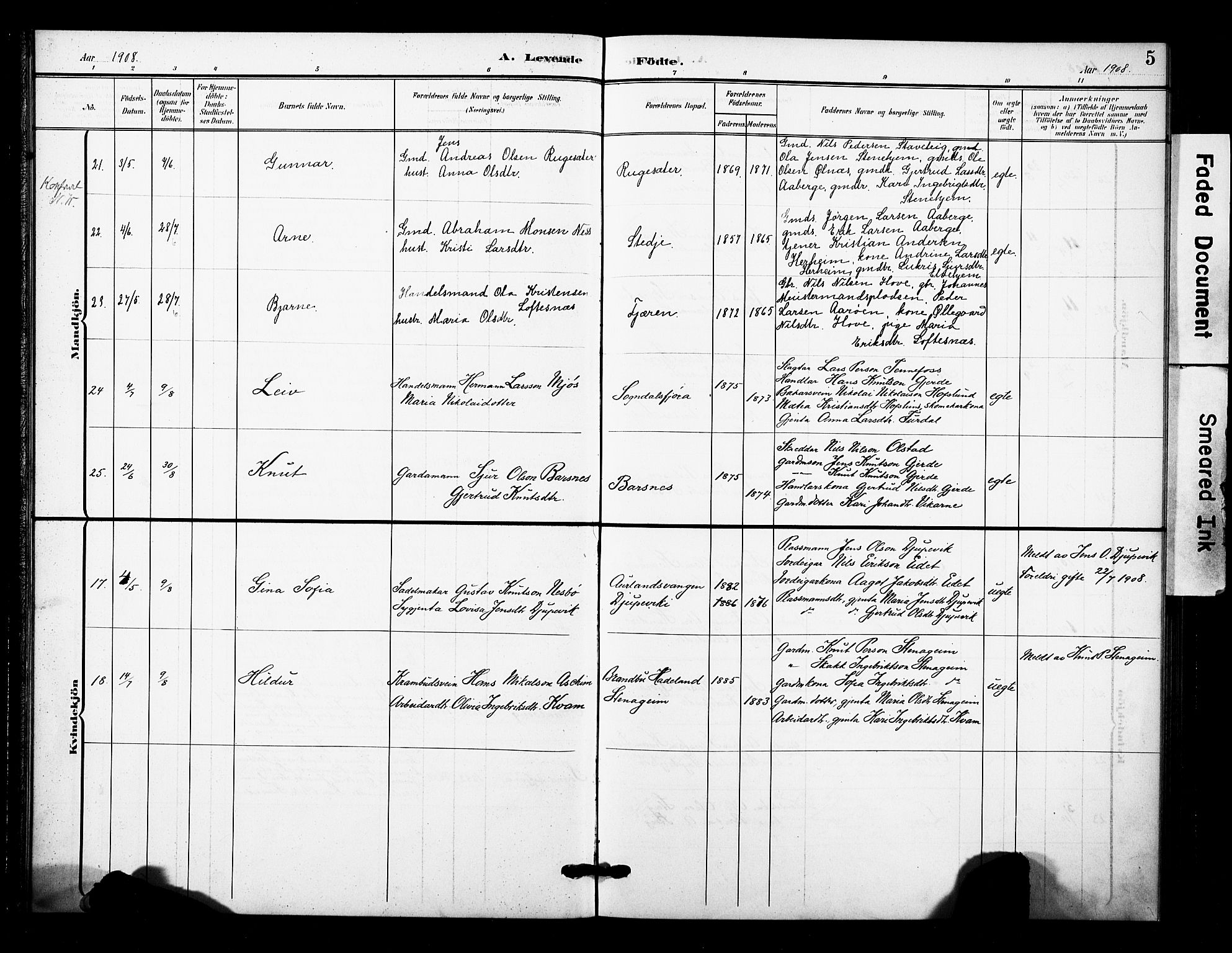 Sogndal sokneprestembete, AV/SAB-A-81301/H/Hab/Haba/L0002: Parish register (copy) no. A 2, 1908-1924, p. 5