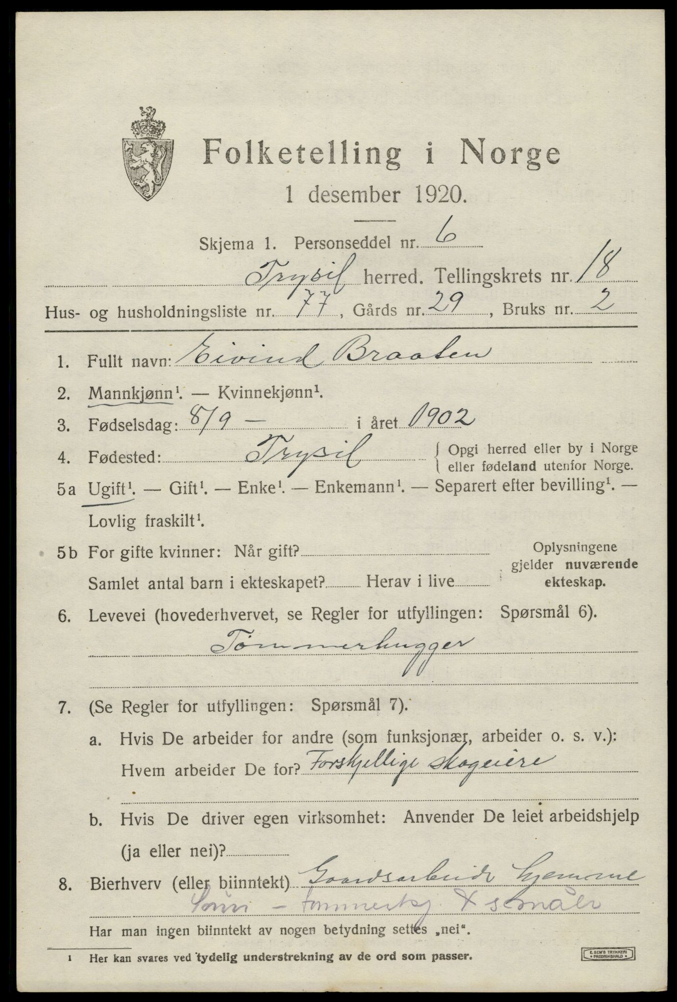 SAH, 1920 census for Trysil, 1920, p. 12693