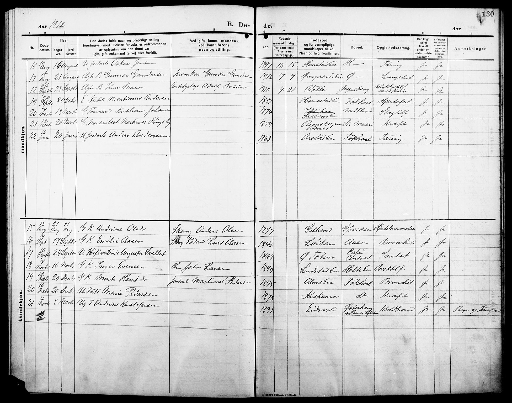 Stange prestekontor, AV/SAH-PREST-002/L/L0014: Parish register (copy) no. 14, 1909-1917, p. 130