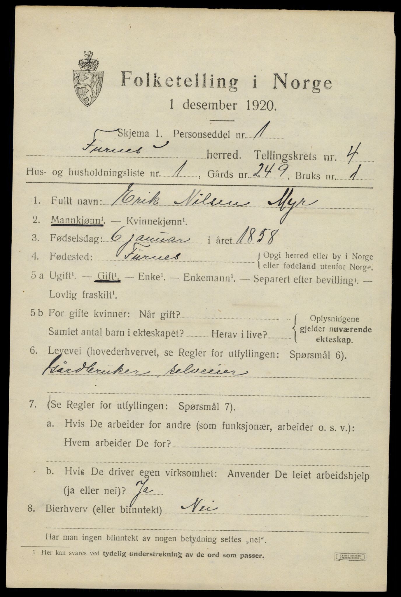 SAH, 1920 census for Furnes, 1920, p. 6005