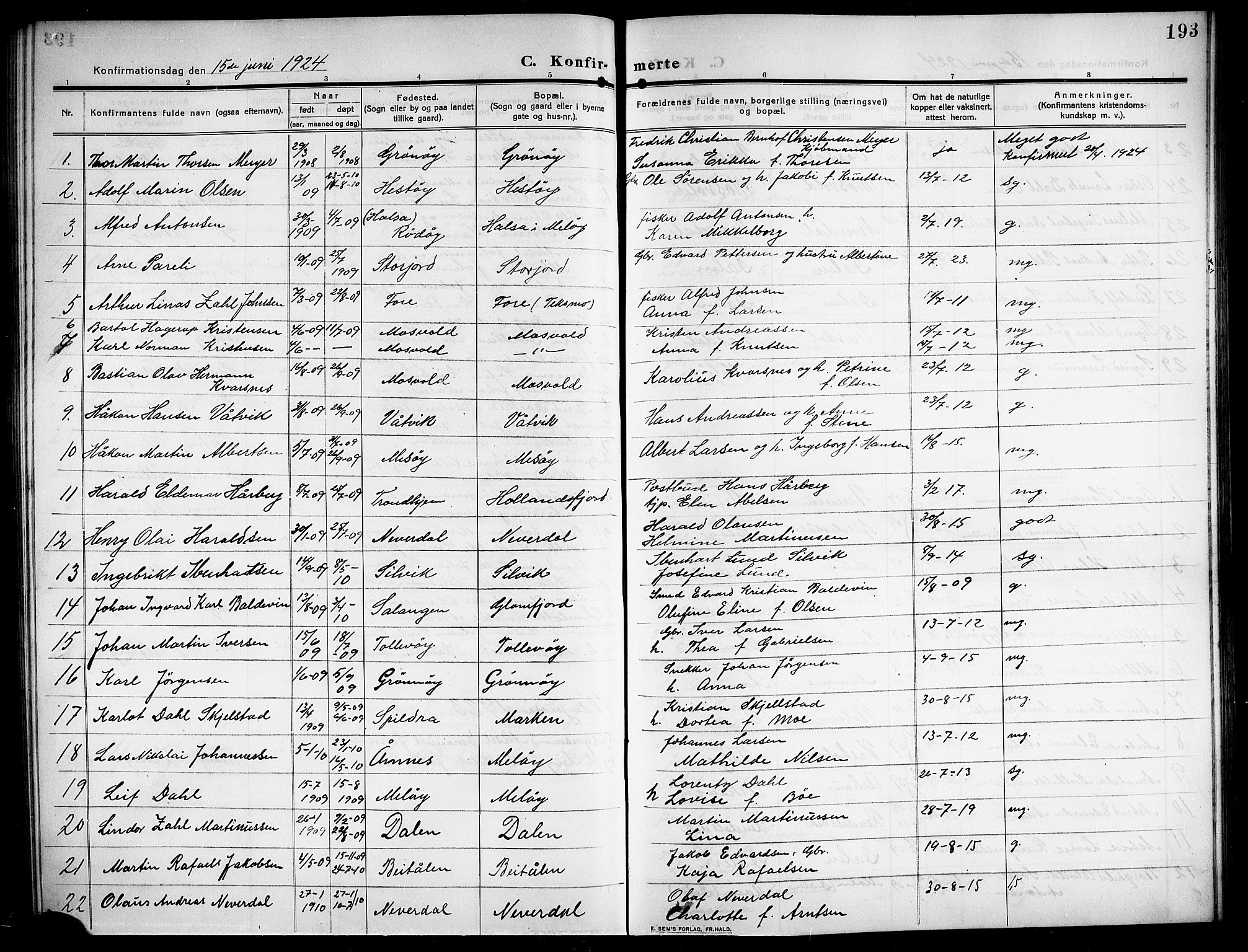 Ministerialprotokoller, klokkerbøker og fødselsregistre - Nordland, SAT/A-1459/843/L0639: Parish register (copy) no. 843C08, 1908-1924, p. 193