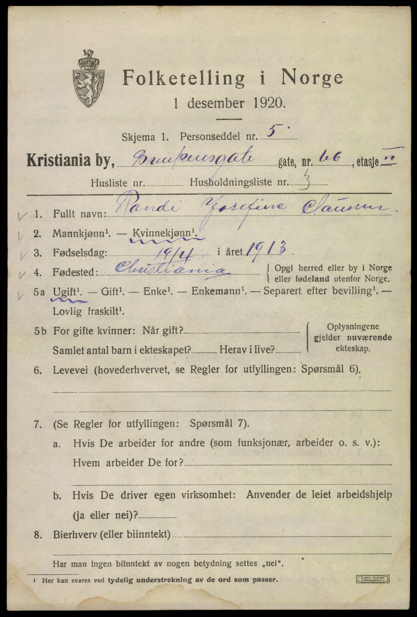 SAO, 1920 census for Kristiania, 1920, p. 173005