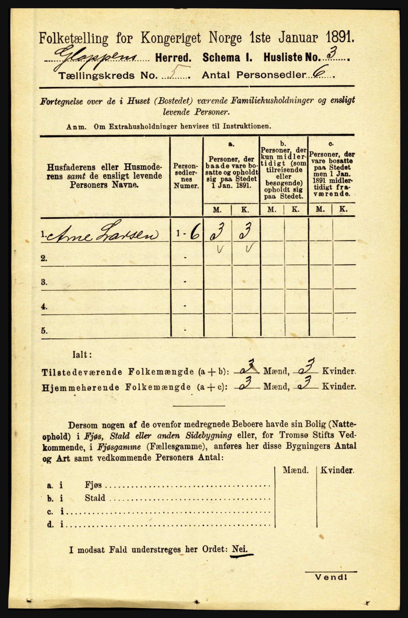 RA, 1891 census for 1445 Gloppen, 1891, p. 2037