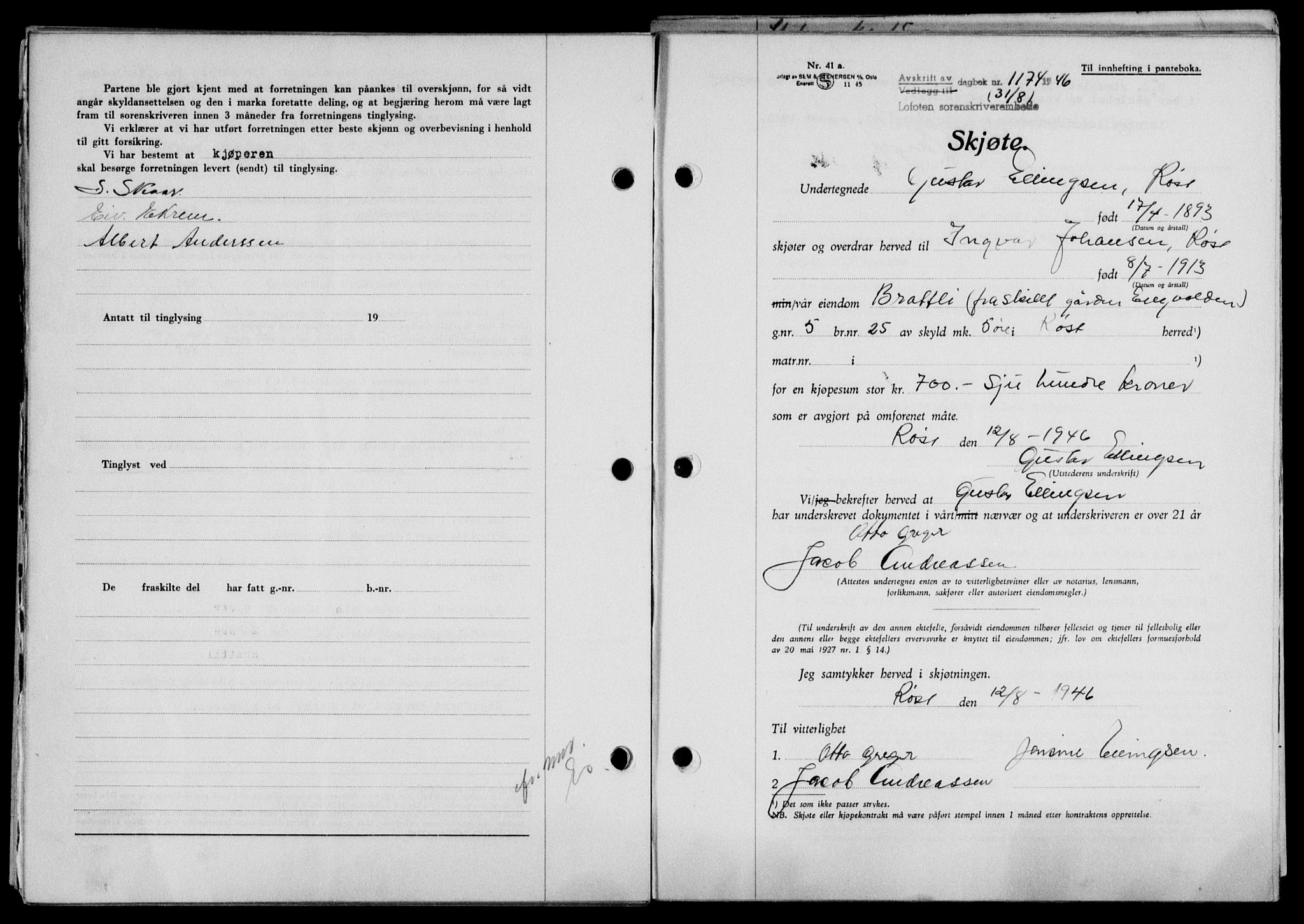 Lofoten sorenskriveri, SAT/A-0017/1/2/2C/L0014a: Mortgage book no. 14a, 1946-1946, Diary no: : 1174/1946