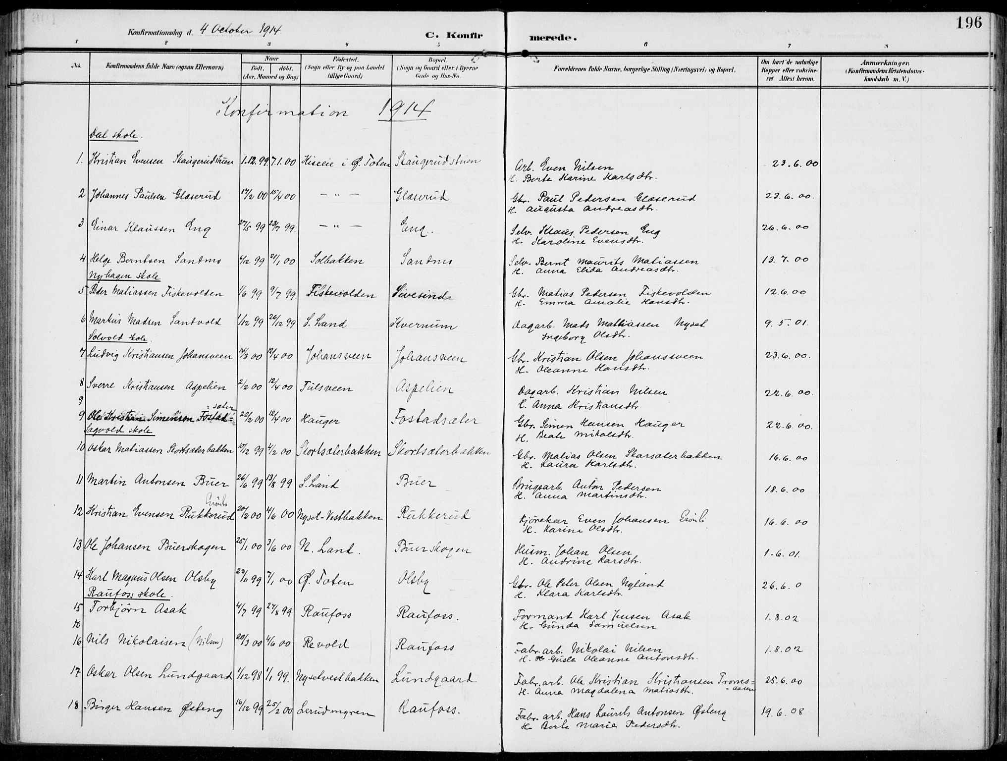 Vestre Toten prestekontor, SAH/PREST-108/H/Ha/Haa/L0014: Parish register (official) no. 14, 1907-1920, p. 196